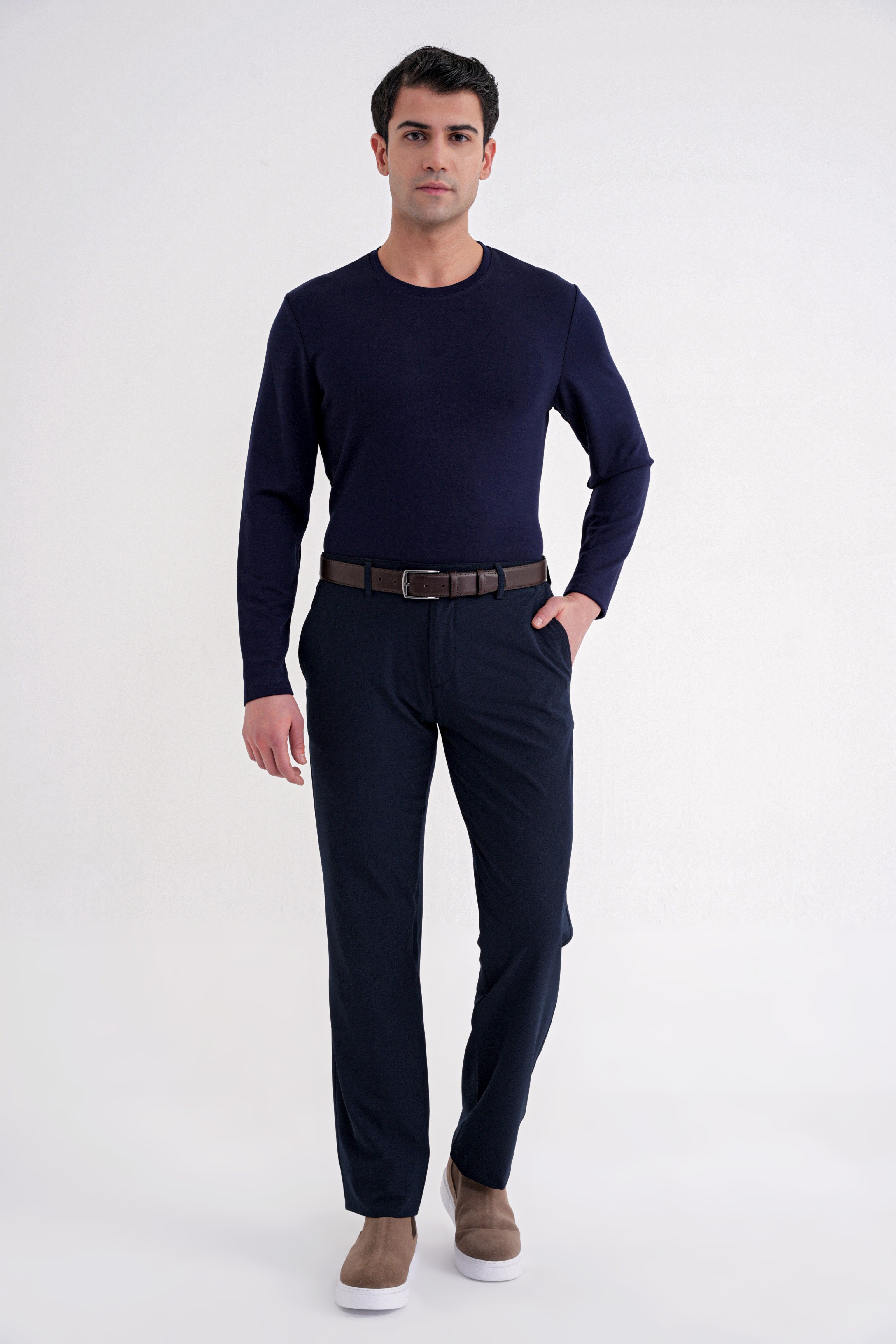 Comfort Fit Pamuklu Bisiklet Yaka Uzun Kollu Lacivert Tişört TS 892