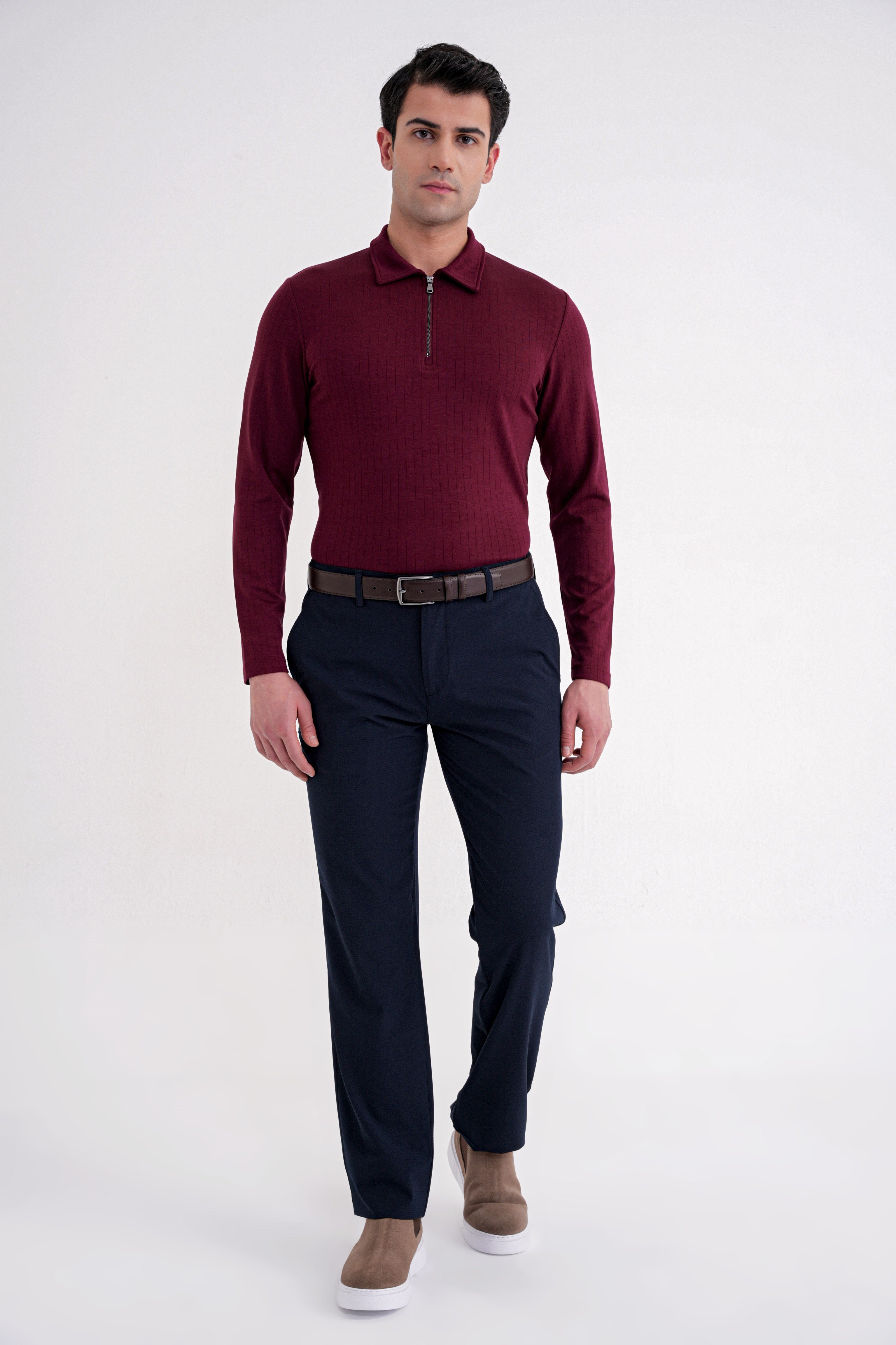 Comfort Fit Pamuklu Fermuarlı Polo Yaka Uzun Kollu Bordo Tişört TS 919
