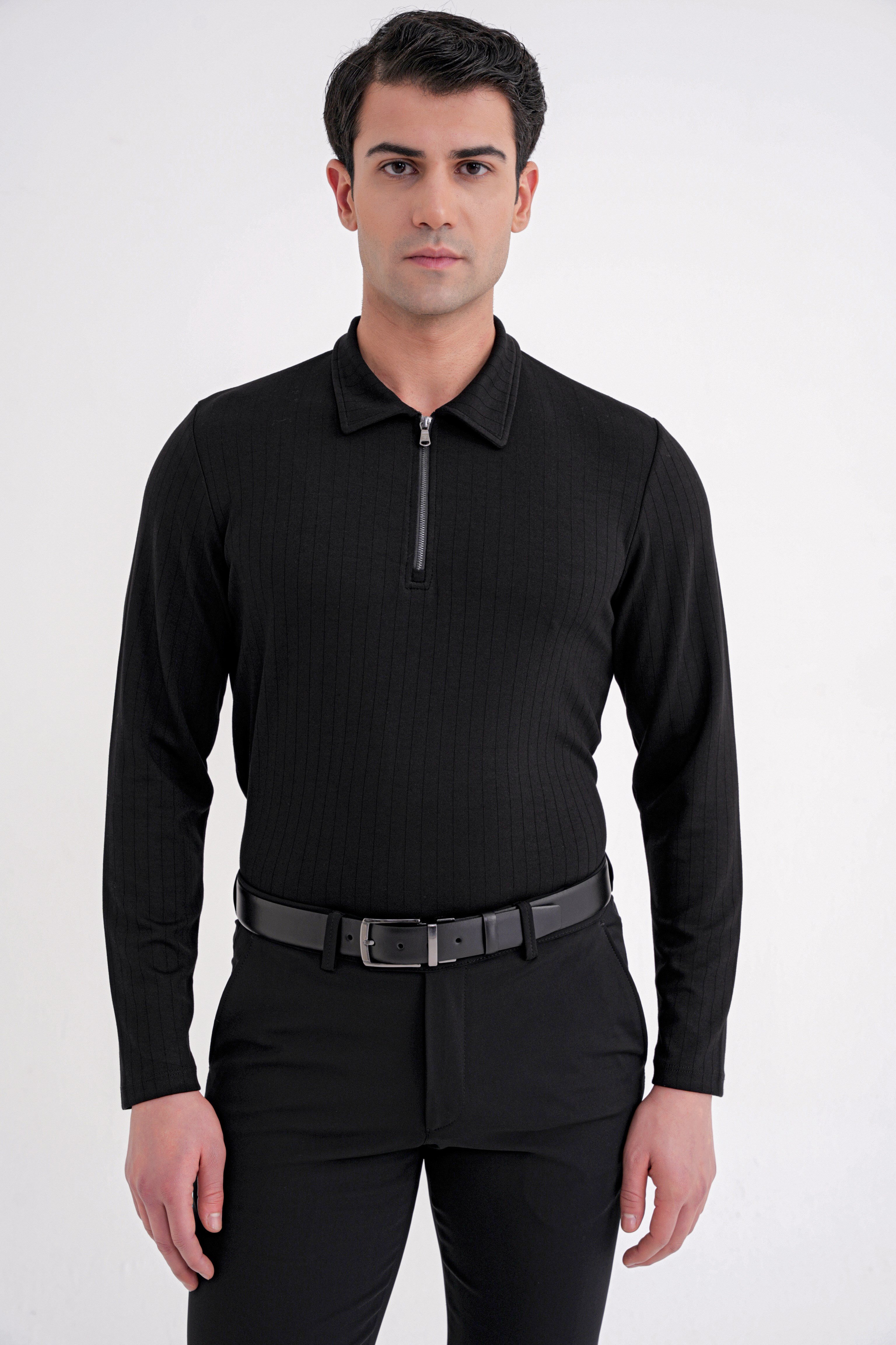 Comfort Fit Pamuklu Fermuarlı Polo Yaka Uzun Kollu Siyah Tişört TS 919