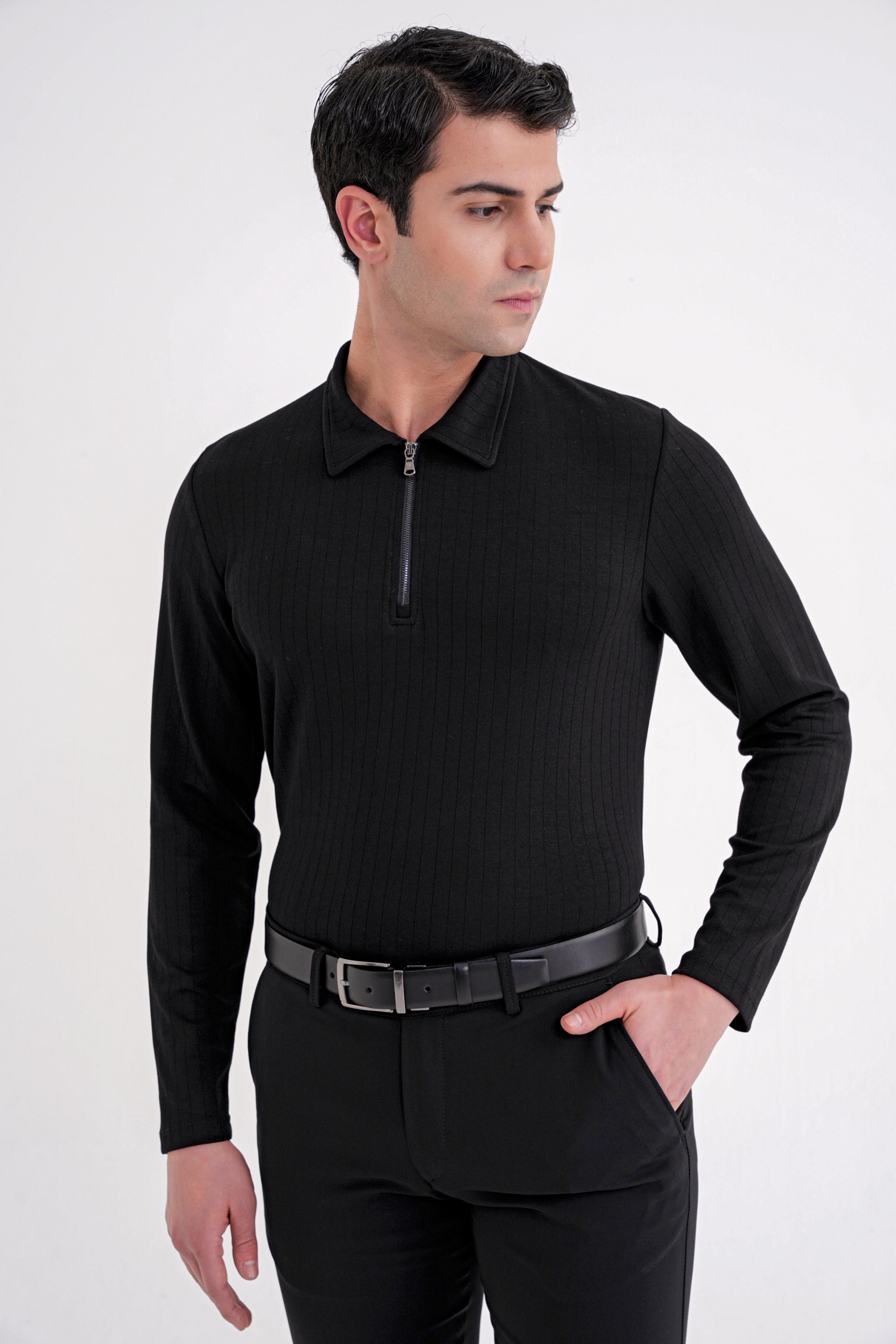 Comfort Fit Pamuklu Fermuarlı Polo Yaka Uzun Kollu Siyah Tişört TS 919