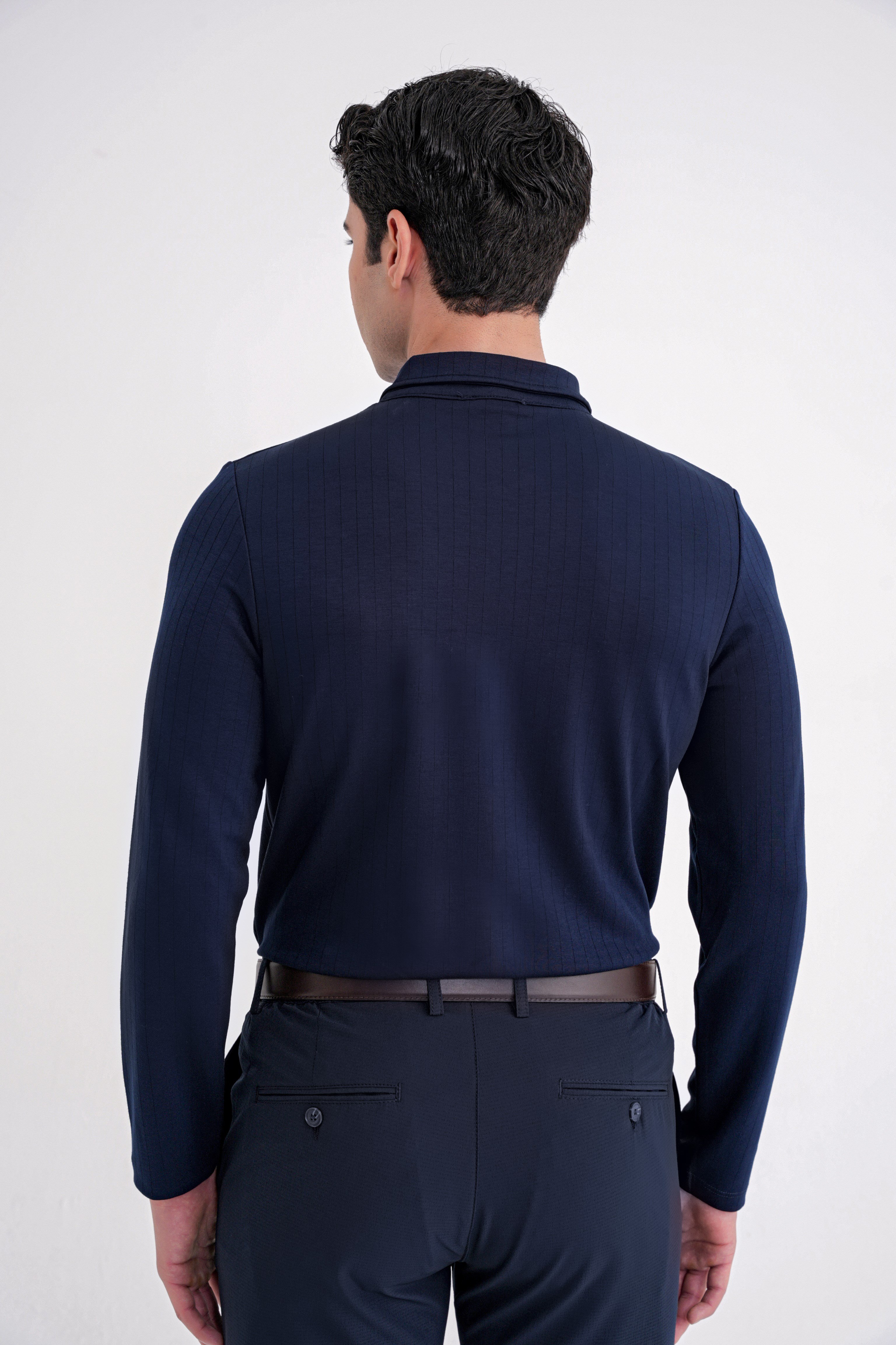 Comfort Fit Pamuklu Fermuarlı Polo Yaka Uzun Kollu Lacivert Tişört TS 919