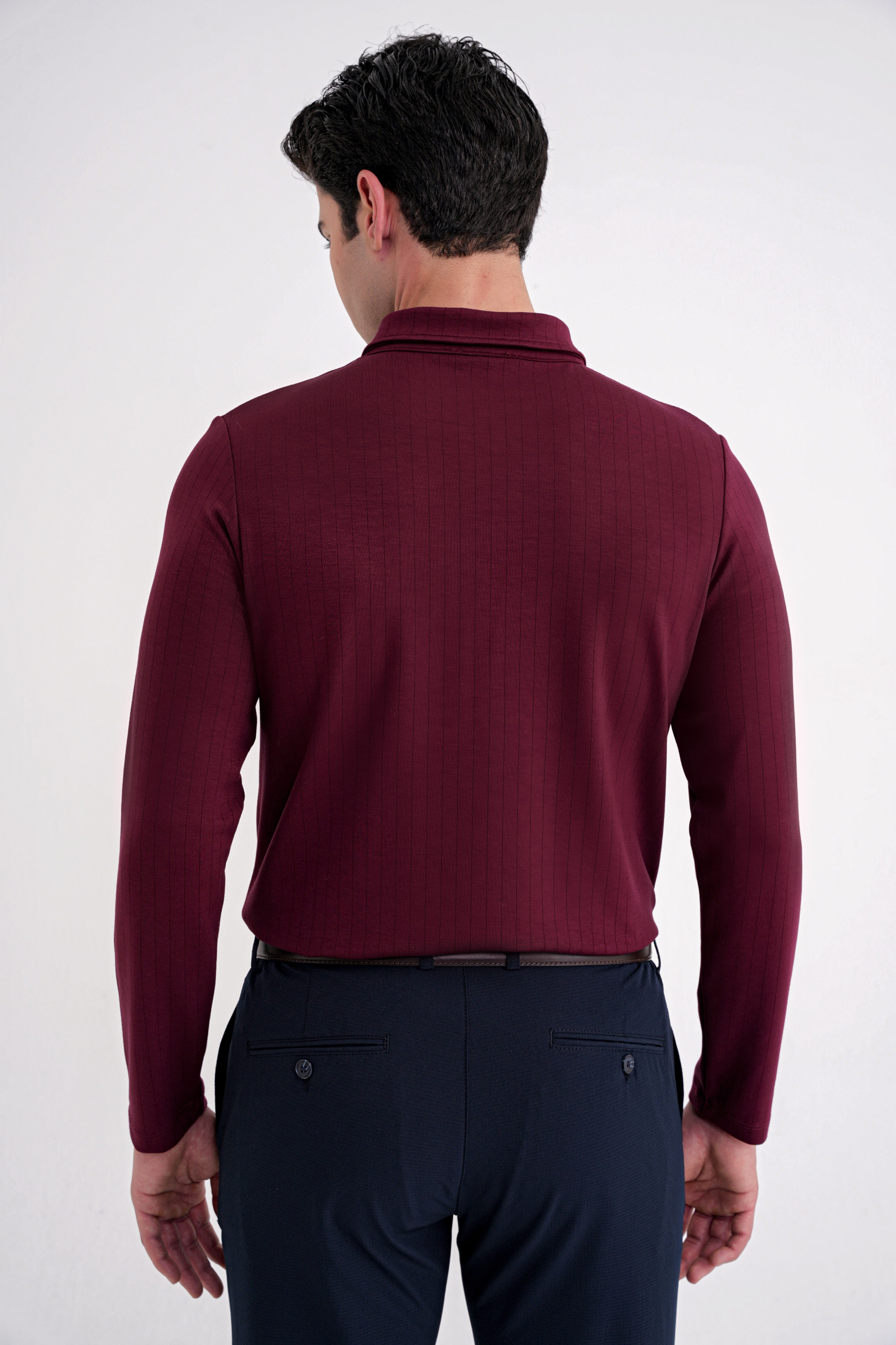 Comfort Fit Pamuklu Fermuarlı Polo Yaka Uzun Kollu Bordo Tişört TS 919