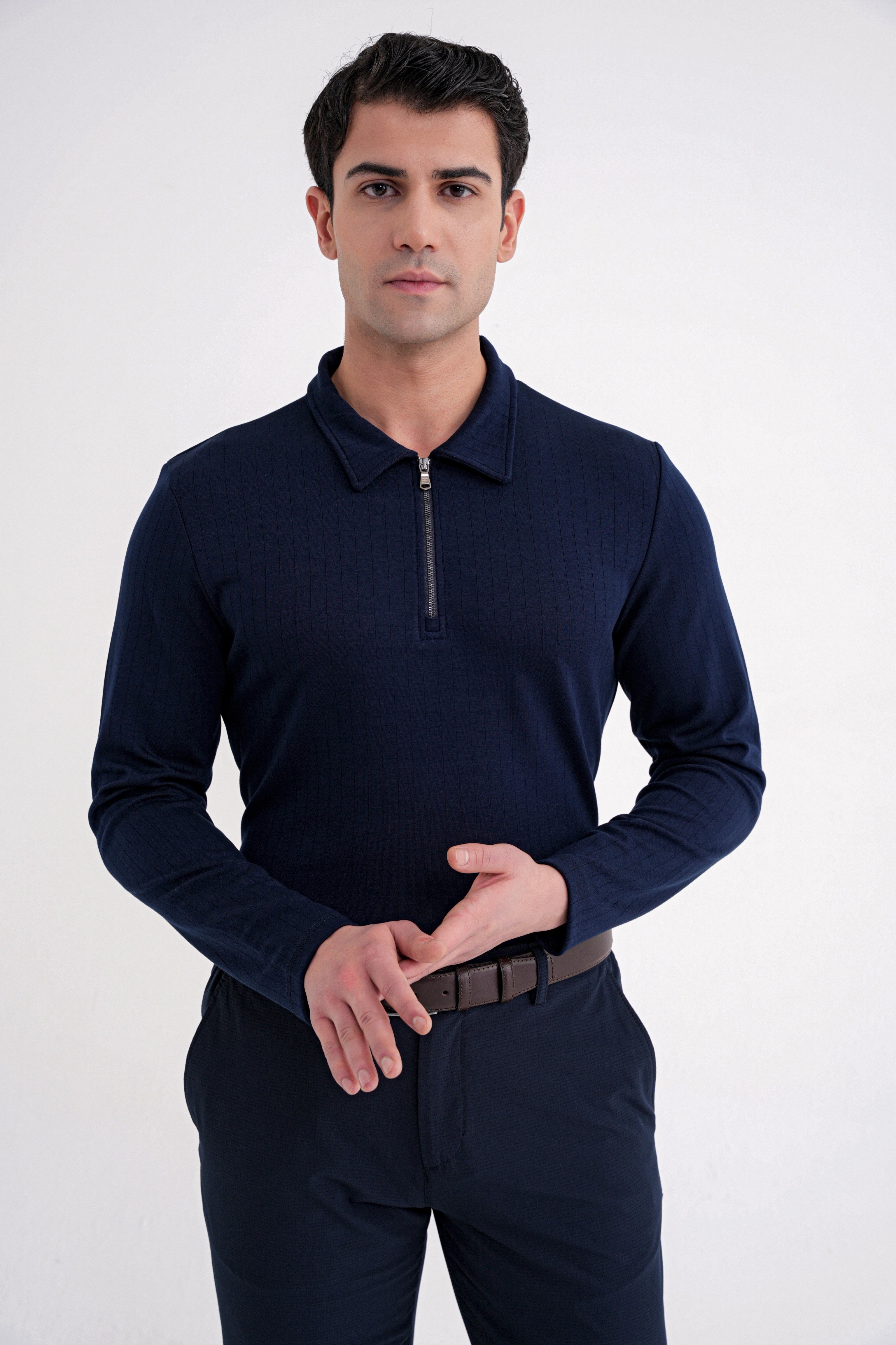 Comfort Fit Pamuklu Fermuarlı Polo Yaka Uzun Kollu Lacivert Tişört TS 919