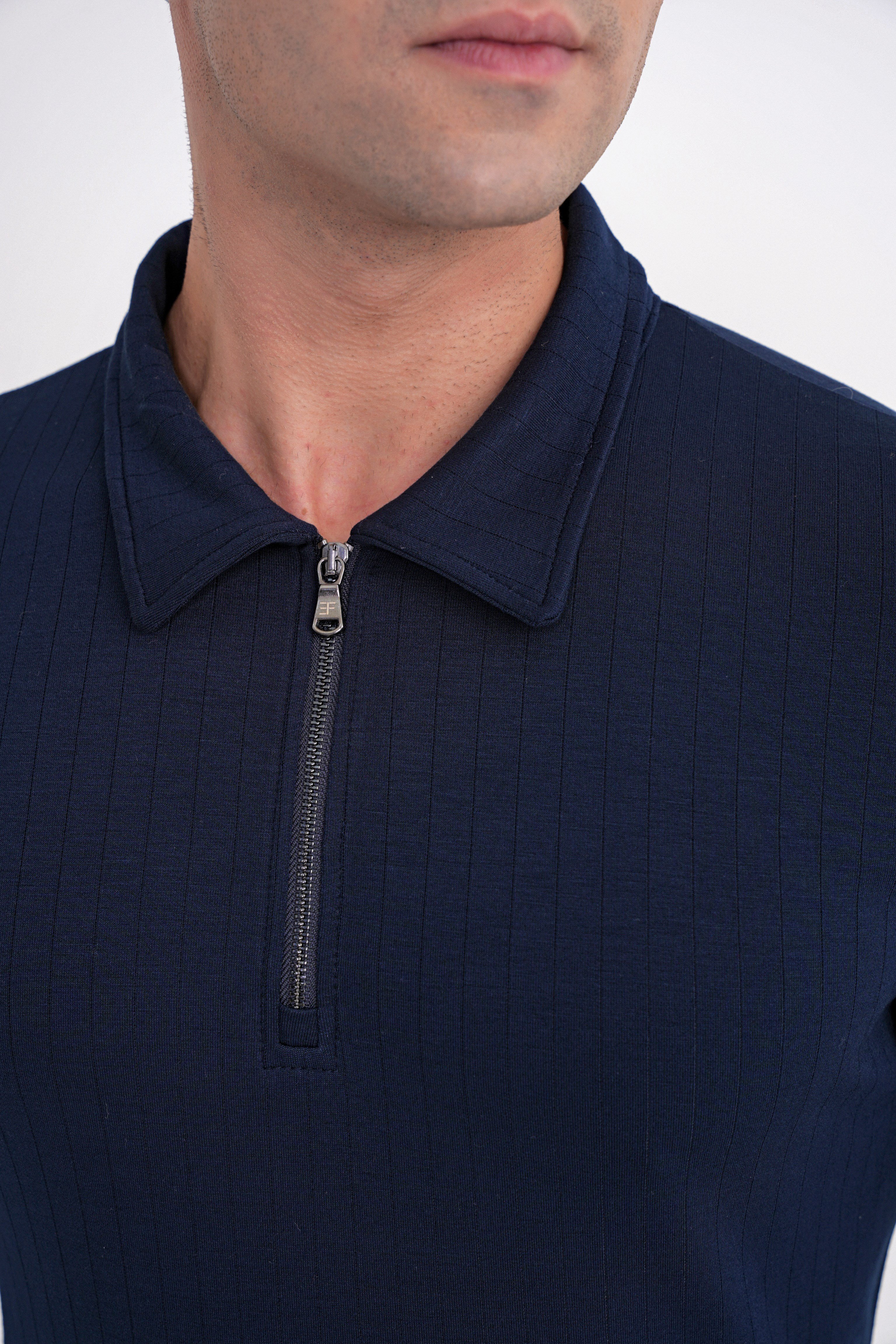 Comfort Fit Pamuklu Fermuarlı Polo Yaka Uzun Kollu Lacivert Tişört TS 919