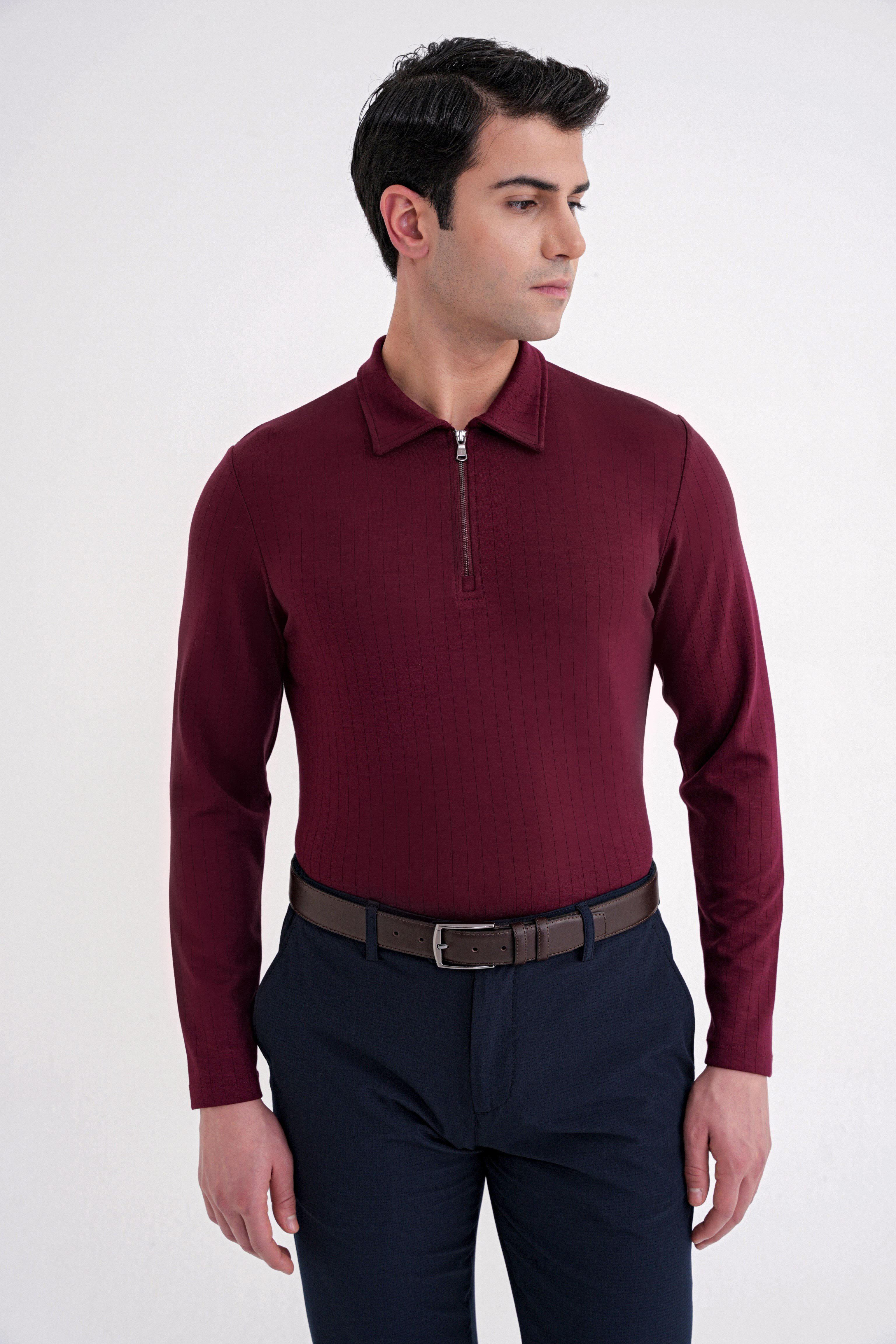 Comfort Fit Pamuklu Fermuarlı Polo Yaka Uzun Kollu Bordo Tişört TS 919
