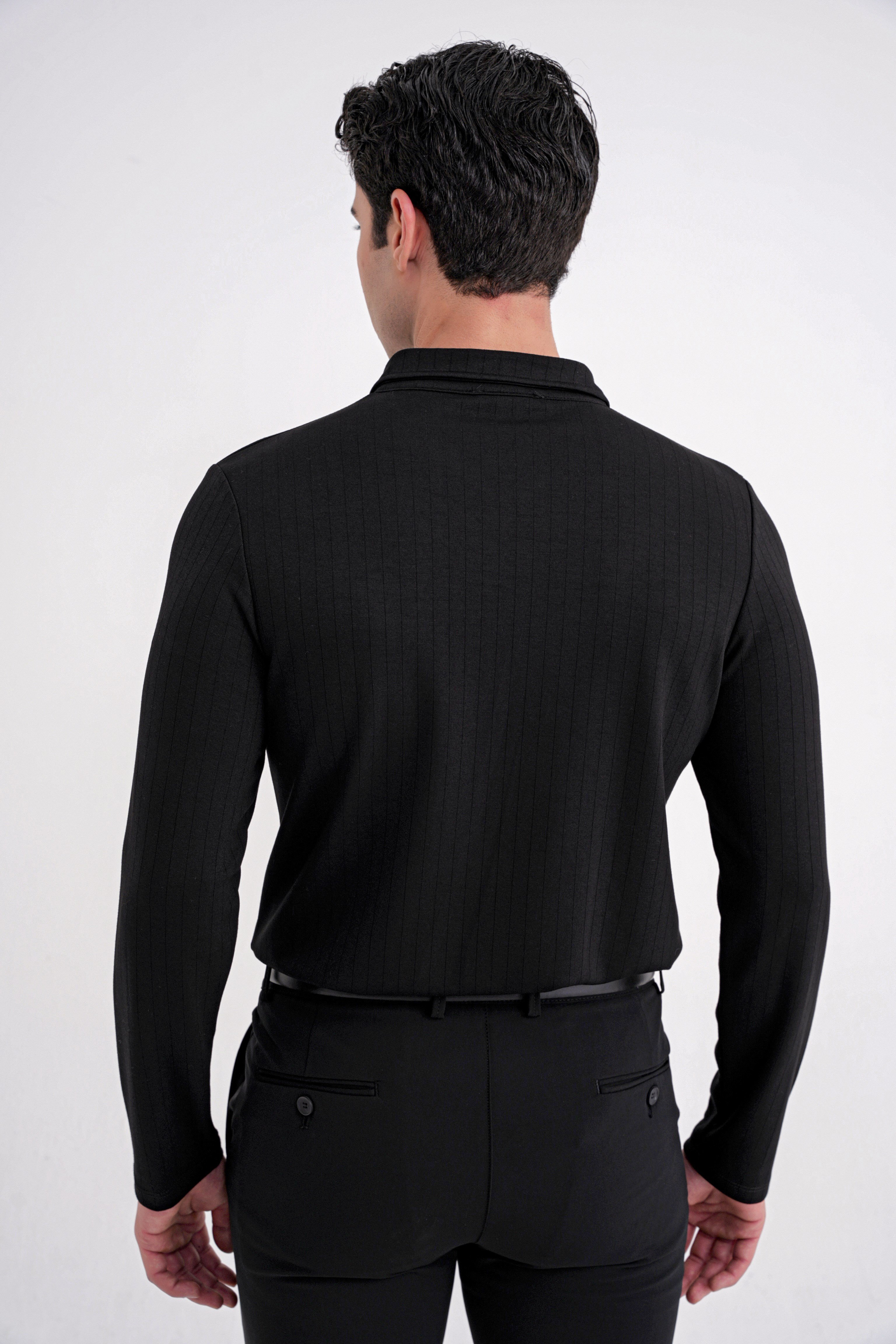 Comfort Fit Pamuklu Fermuarlı Polo Yaka Uzun Kollu Siyah Tişört TS 919