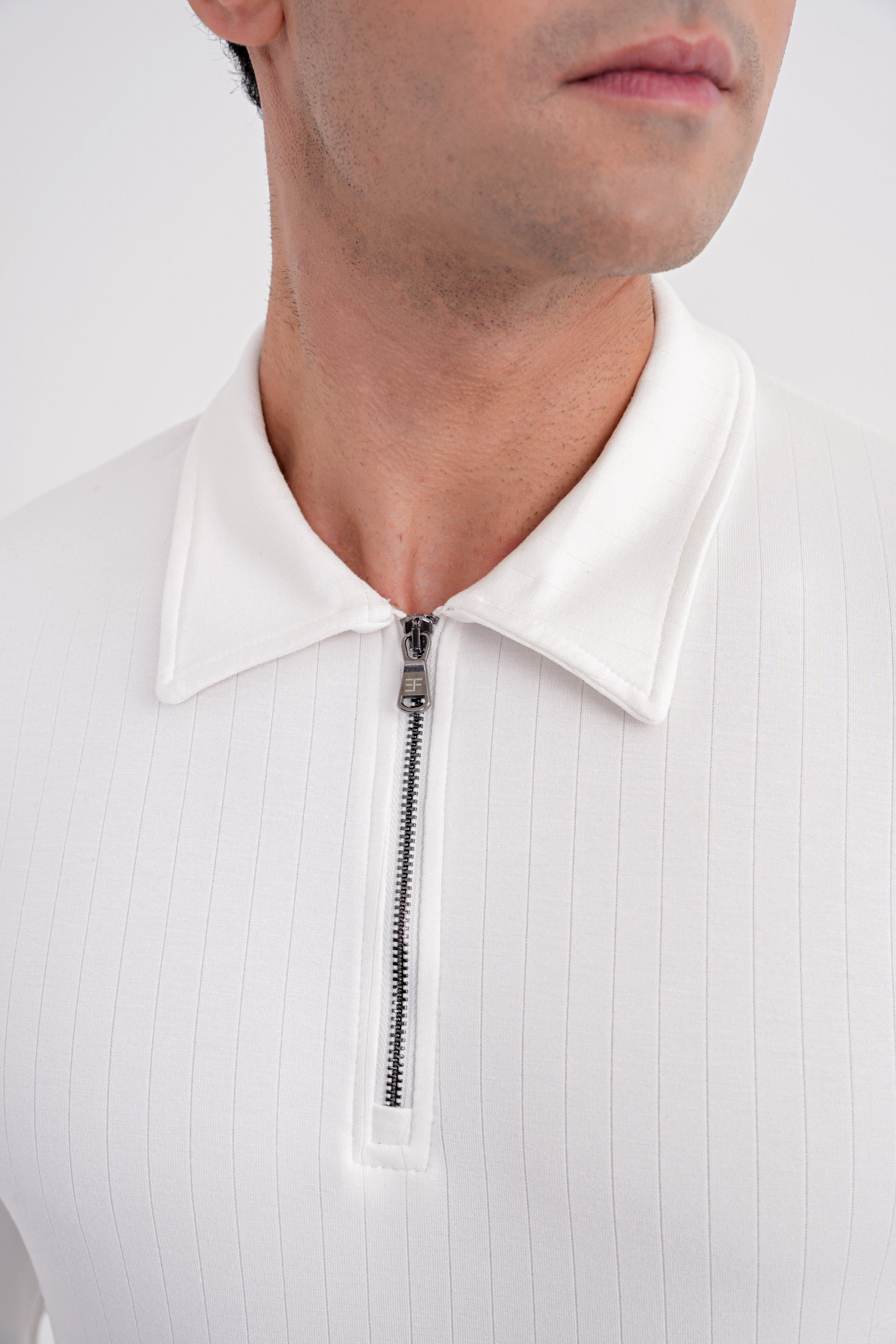 Comfort Fit Pamuklu Fermuarlı Polo Yaka Uzun Kollu Ekru Tişört TS 919