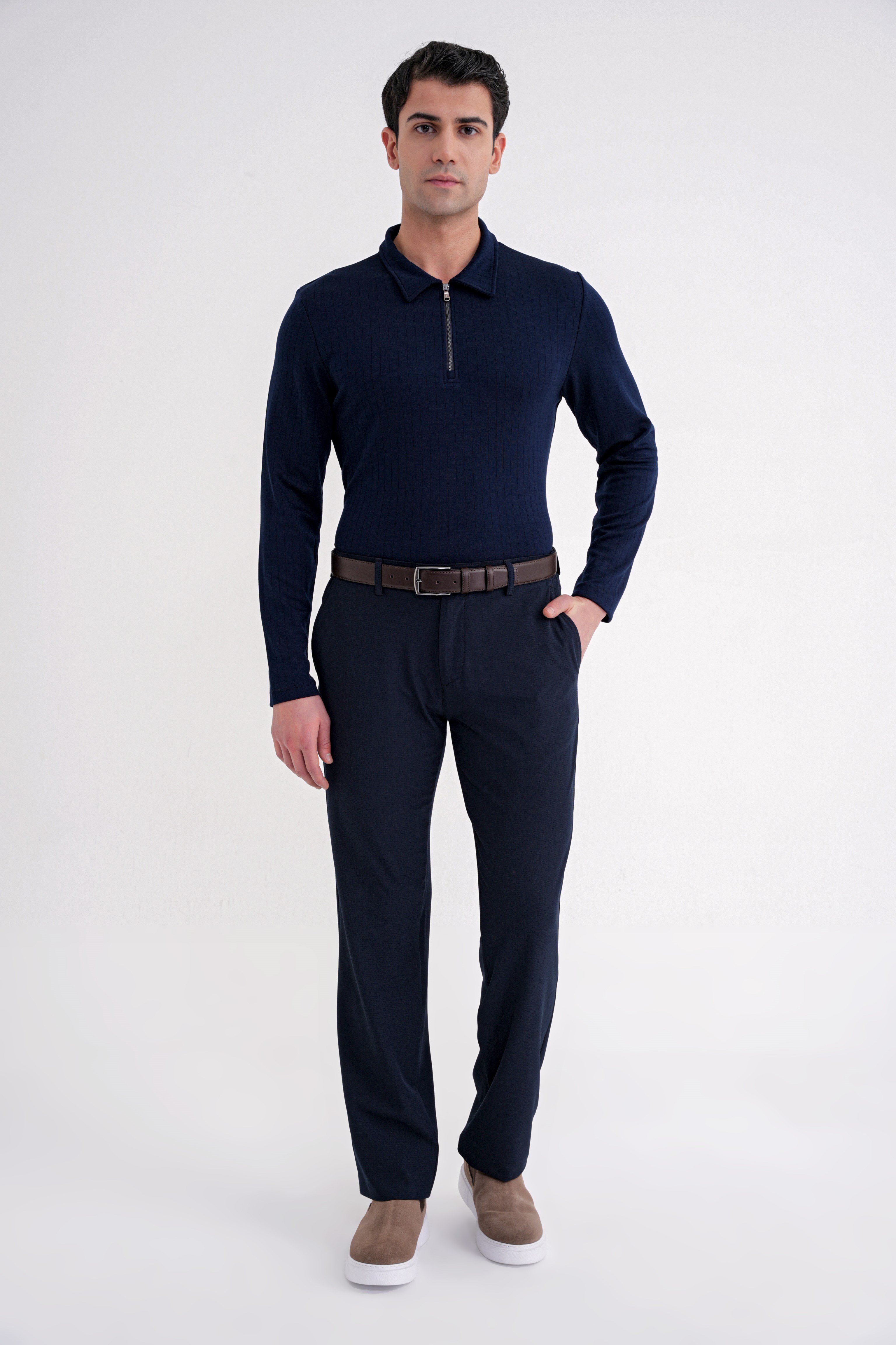 Comfort Fit Pamuklu Fermuarlı Polo Yaka Uzun Kollu Lacivert Tişört TS 919