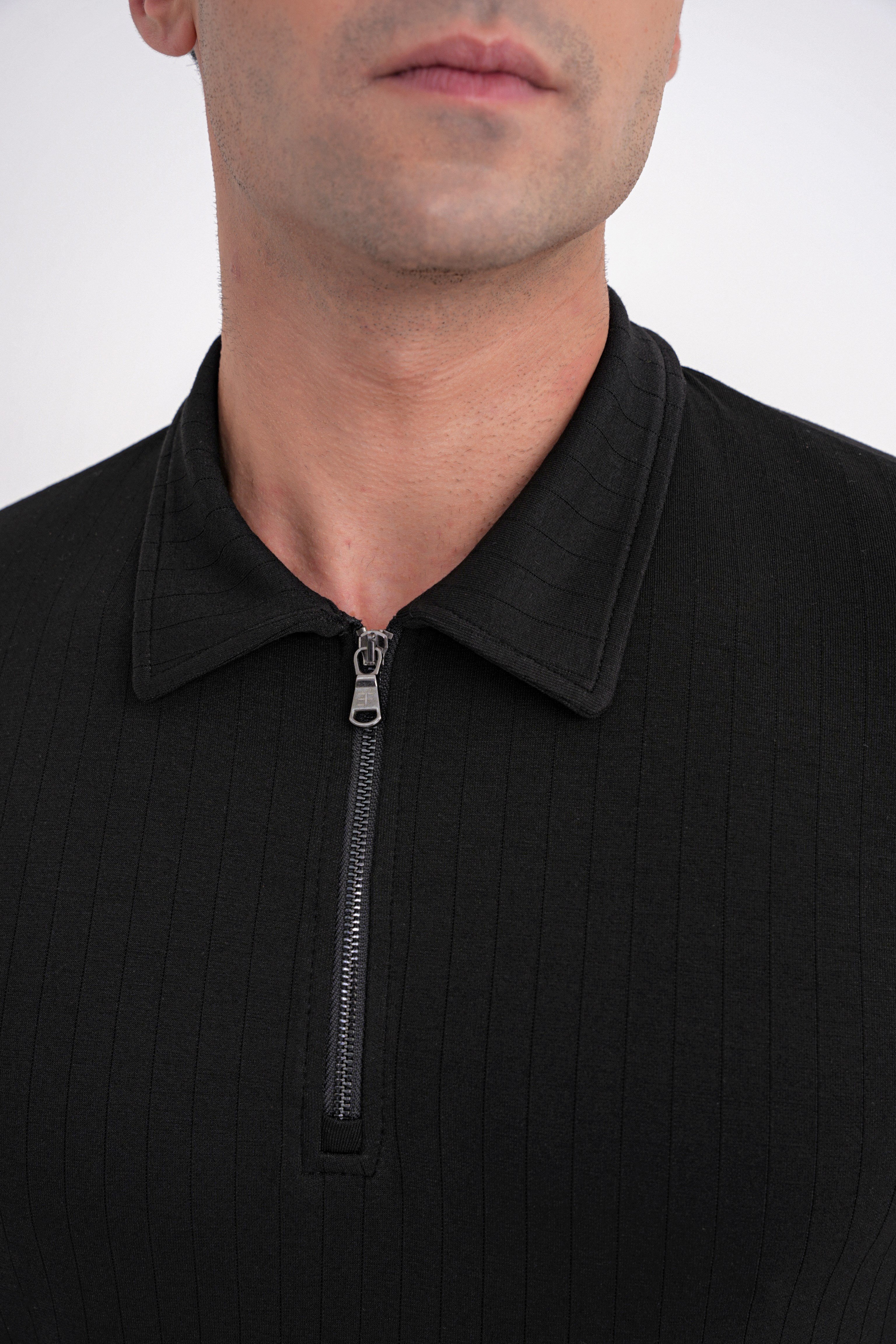 Comfort Fit Pamuklu Fermuarlı Polo Yaka Uzun Kollu Siyah Tişört TS 919