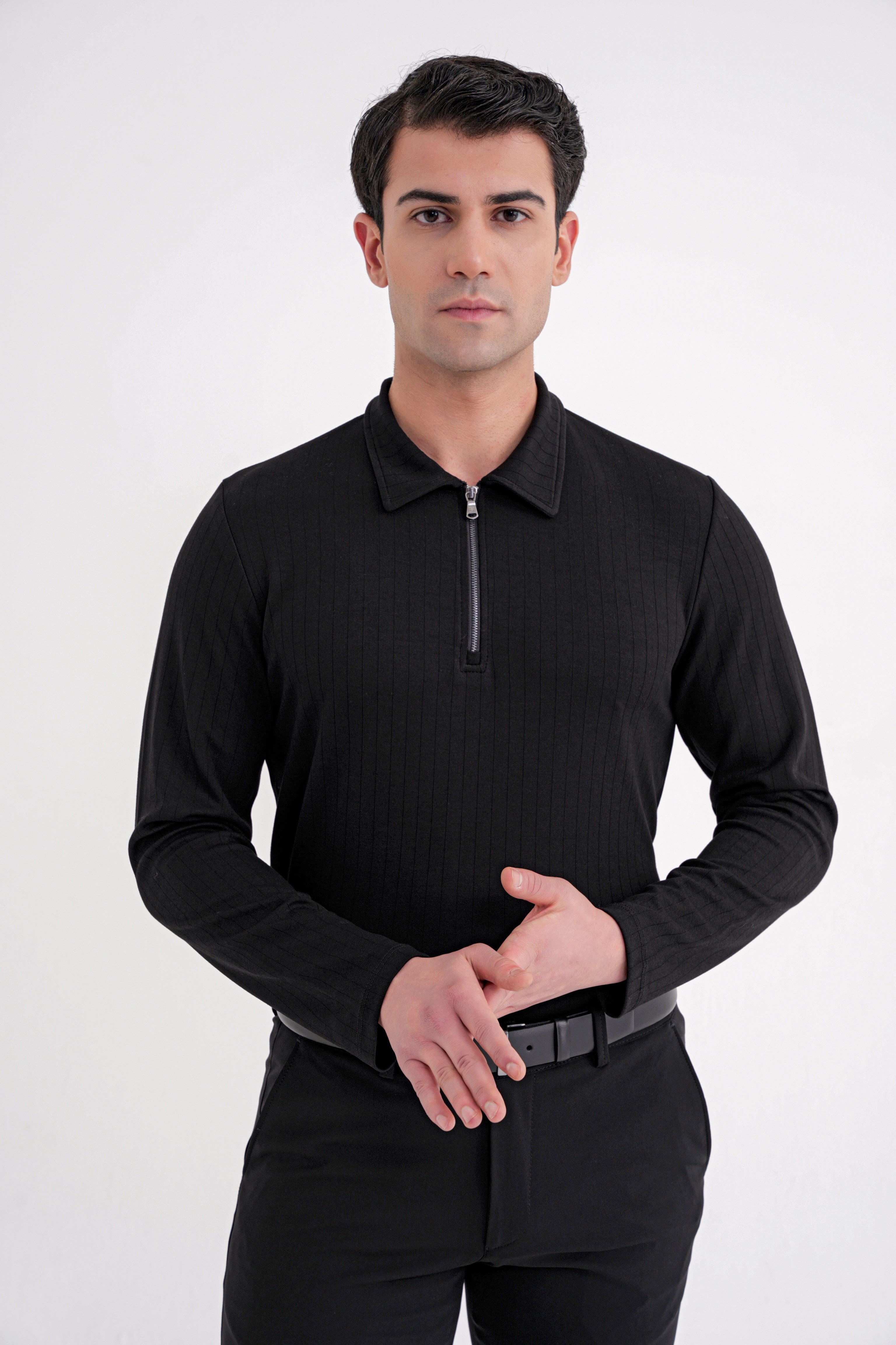 Comfort Fit Pamuklu Fermuarlı Polo Yaka Uzun Kollu Siyah Tişört TS 919