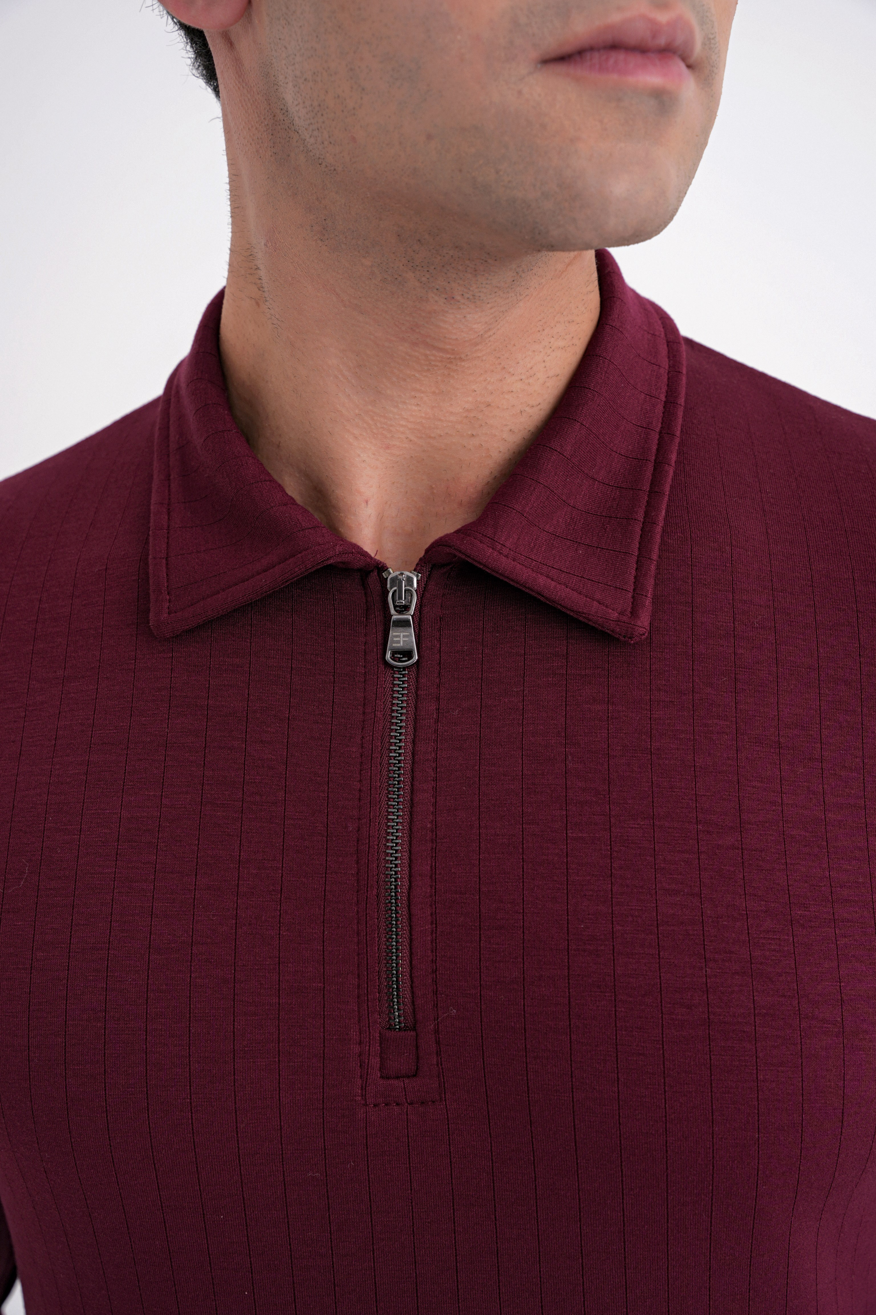 Comfort Fit Pamuklu Fermuarlı Polo Yaka Uzun Kollu Bordo Tişört TS 919