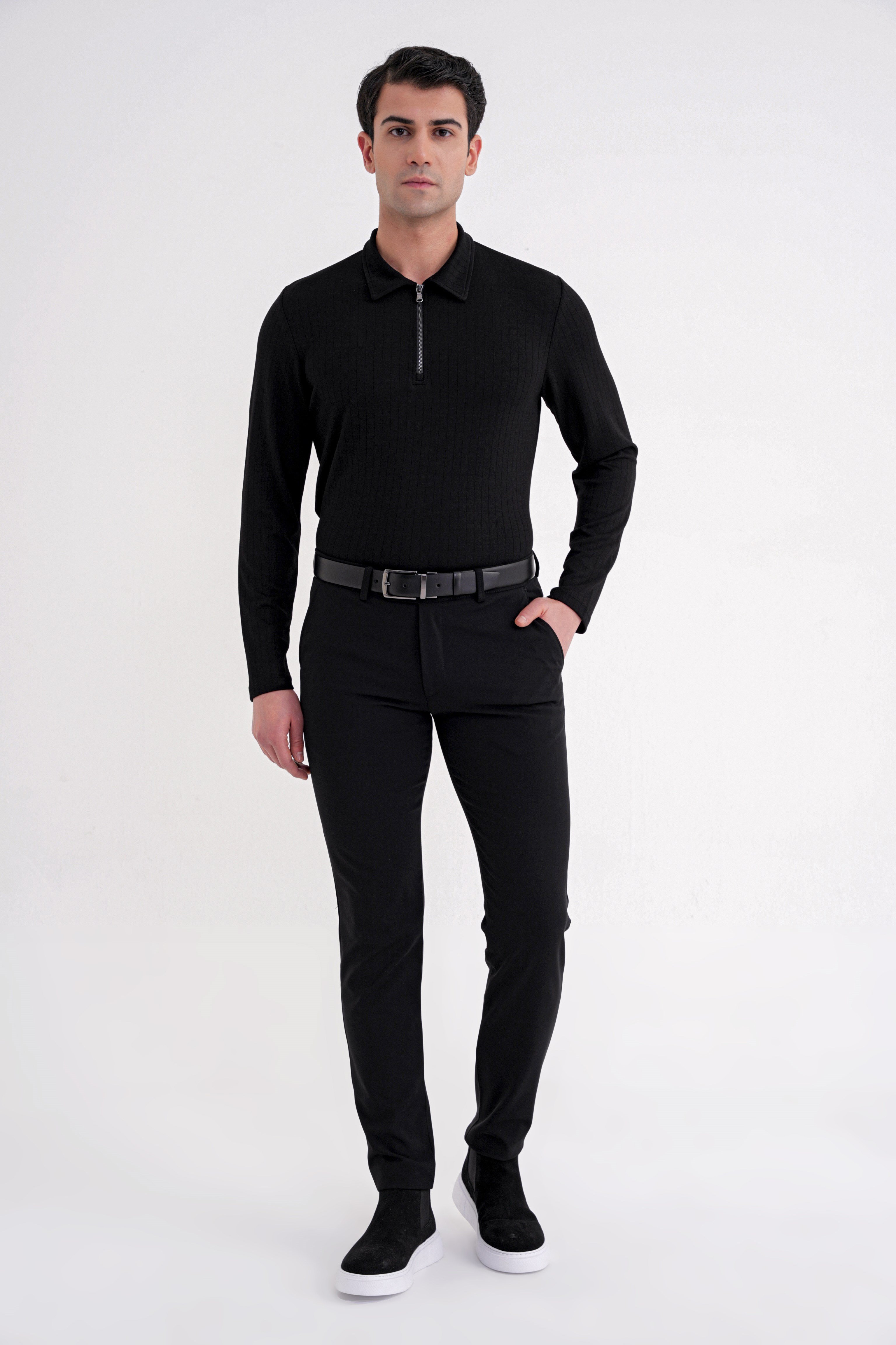Comfort Fit Pamuklu Fermuarlı Polo Yaka Uzun Kollu Siyah Tişört TS 919