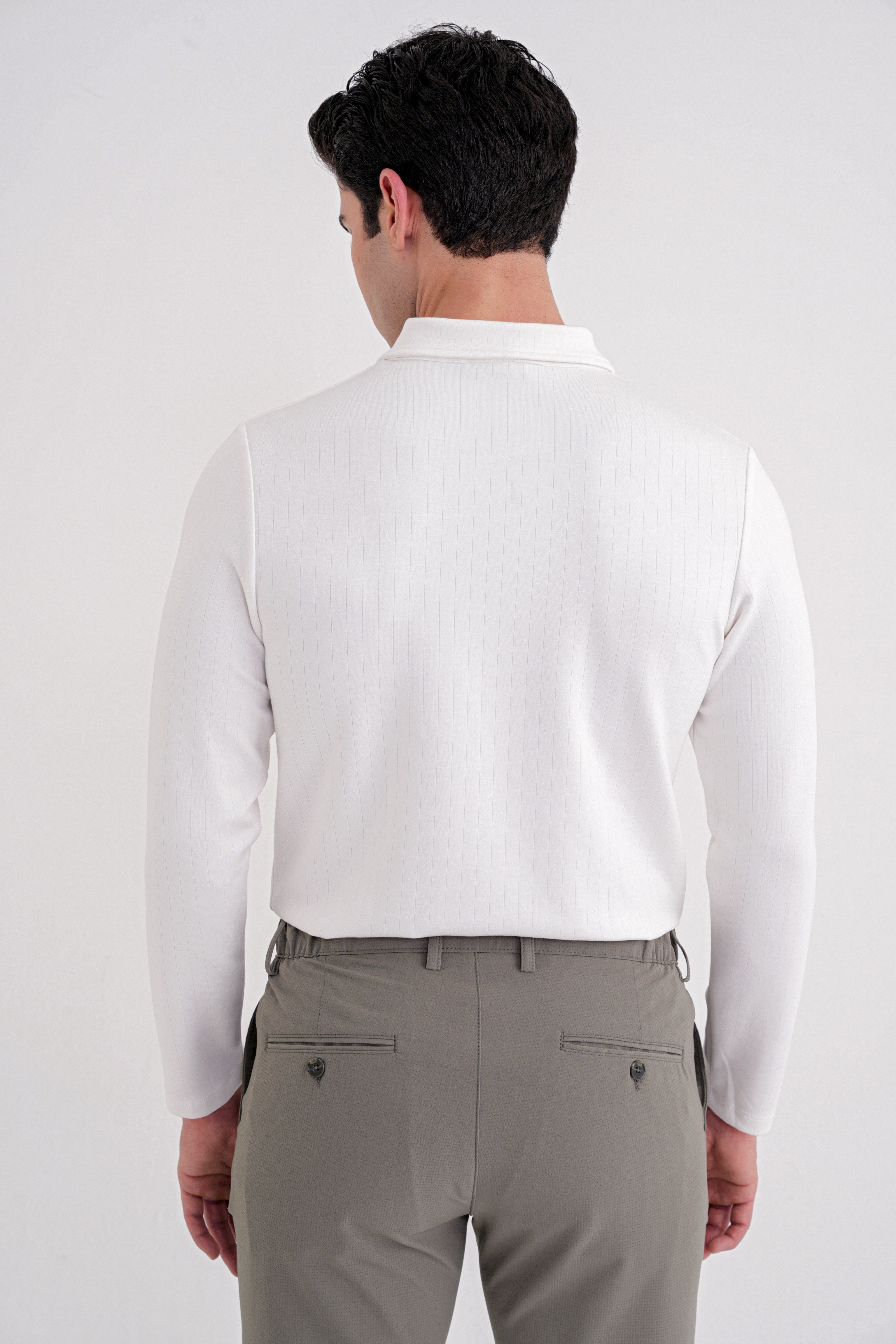 Comfort Fit Pamuklu Fermuarlı Polo Yaka Uzun Kollu Ekru Tişört TS 919