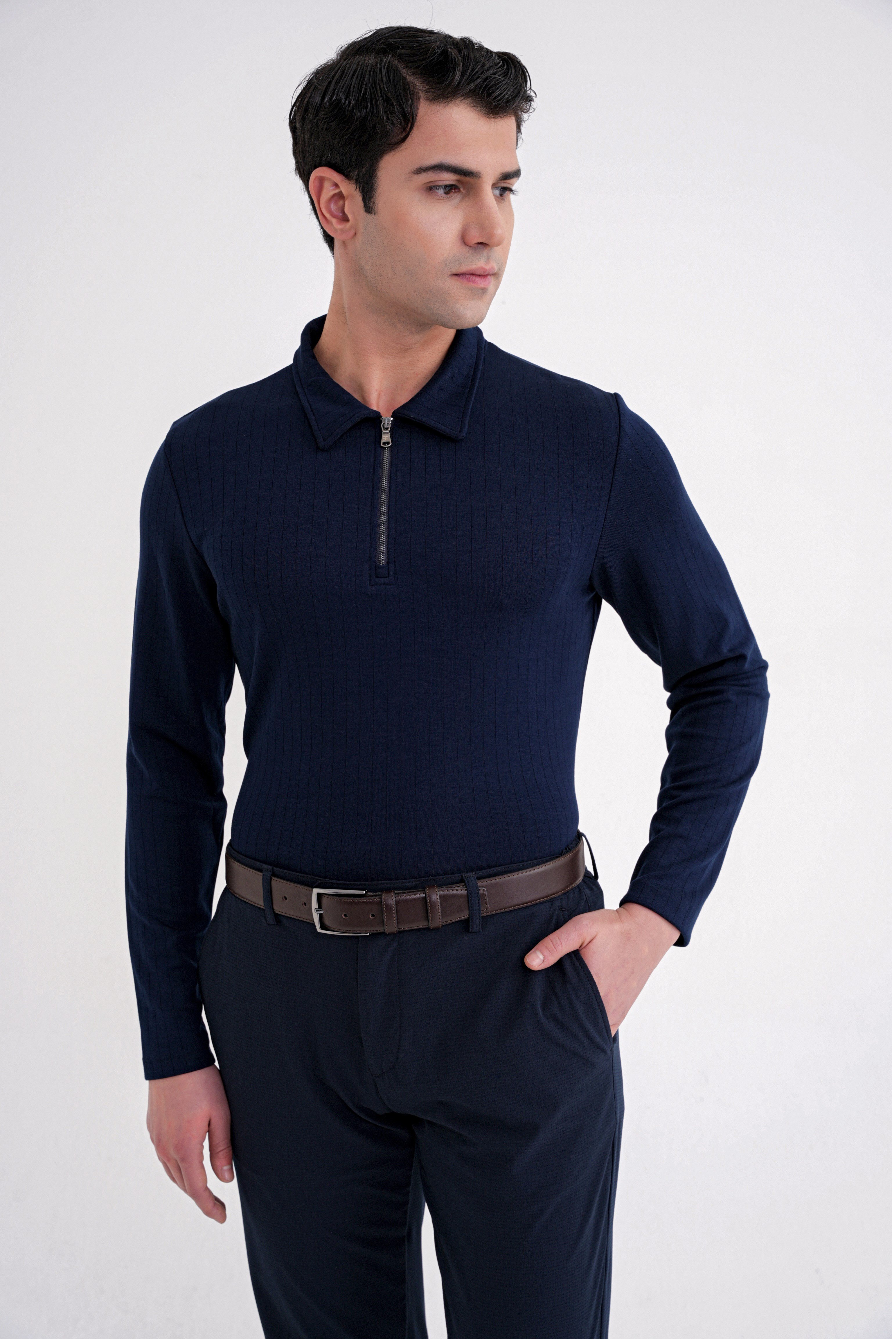 Comfort Fit Pamuklu Fermuarlı Polo Yaka Uzun Kollu Lacivert Tişört TS 919