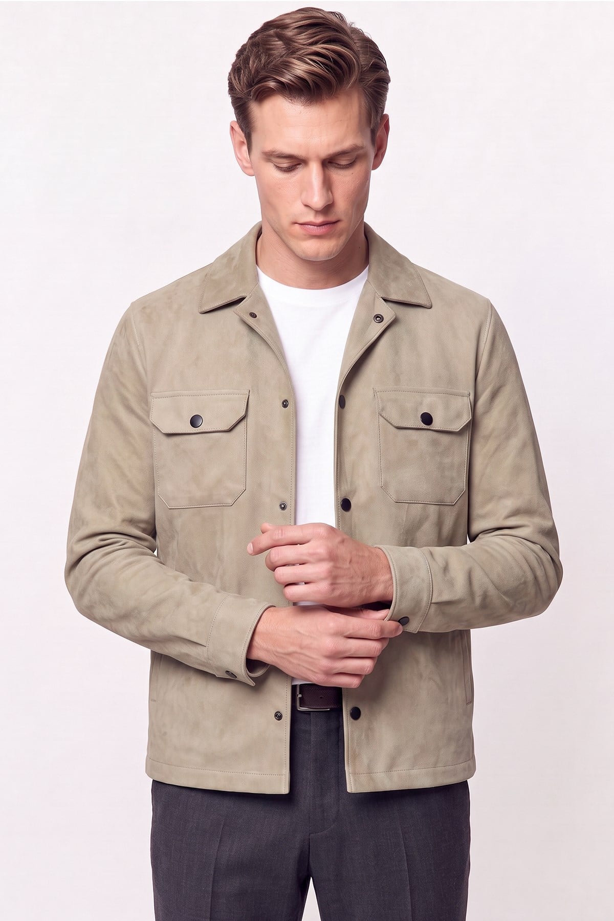Comfort Fit Pamuklu Yan Cepli Çıtçıtlı Gömlek Modelli Bej Mont MT 181