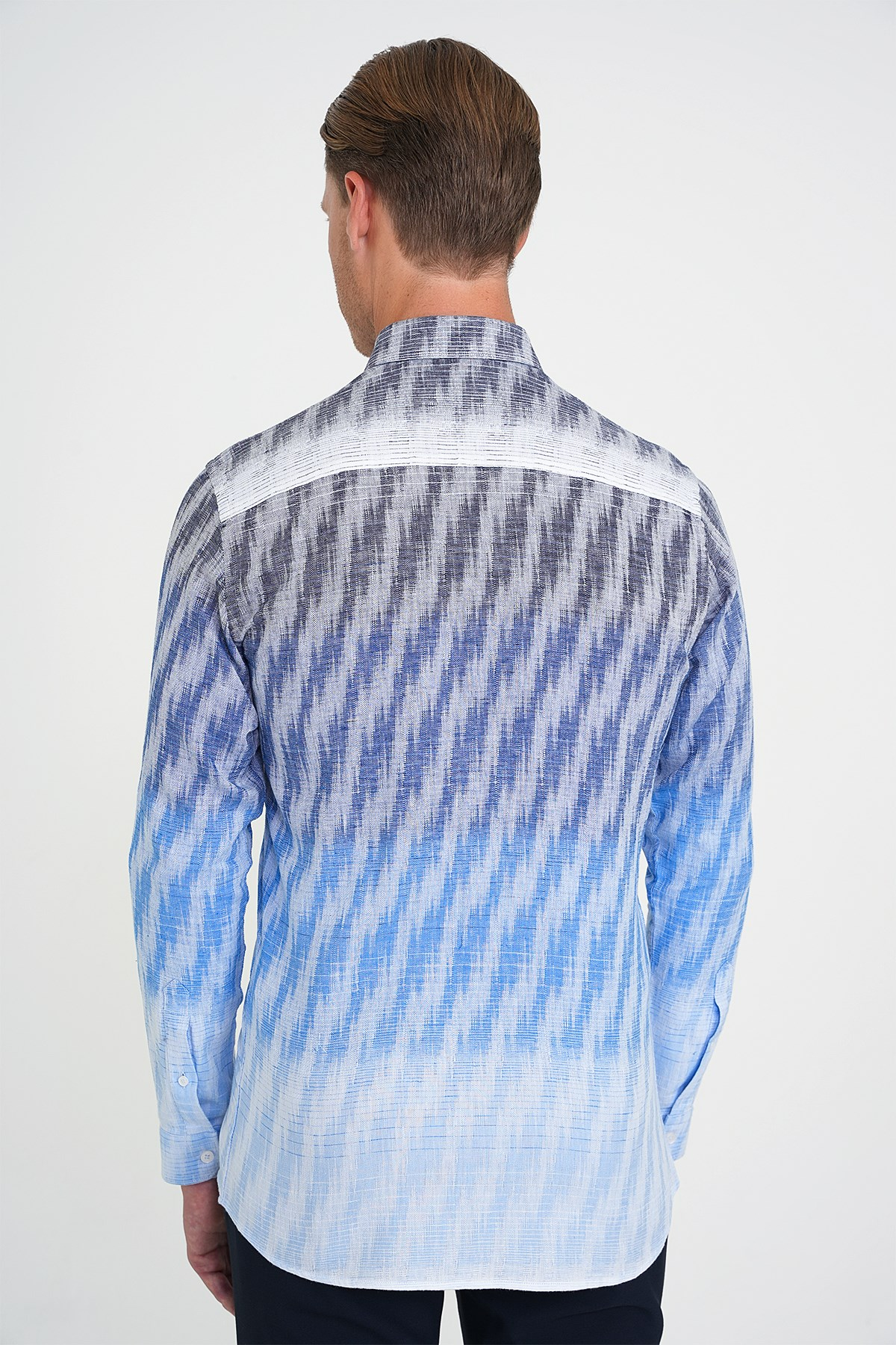Comfort Fit Pano Desen Düğme Yaka %100 Keten Mavi Gömlek G 1594