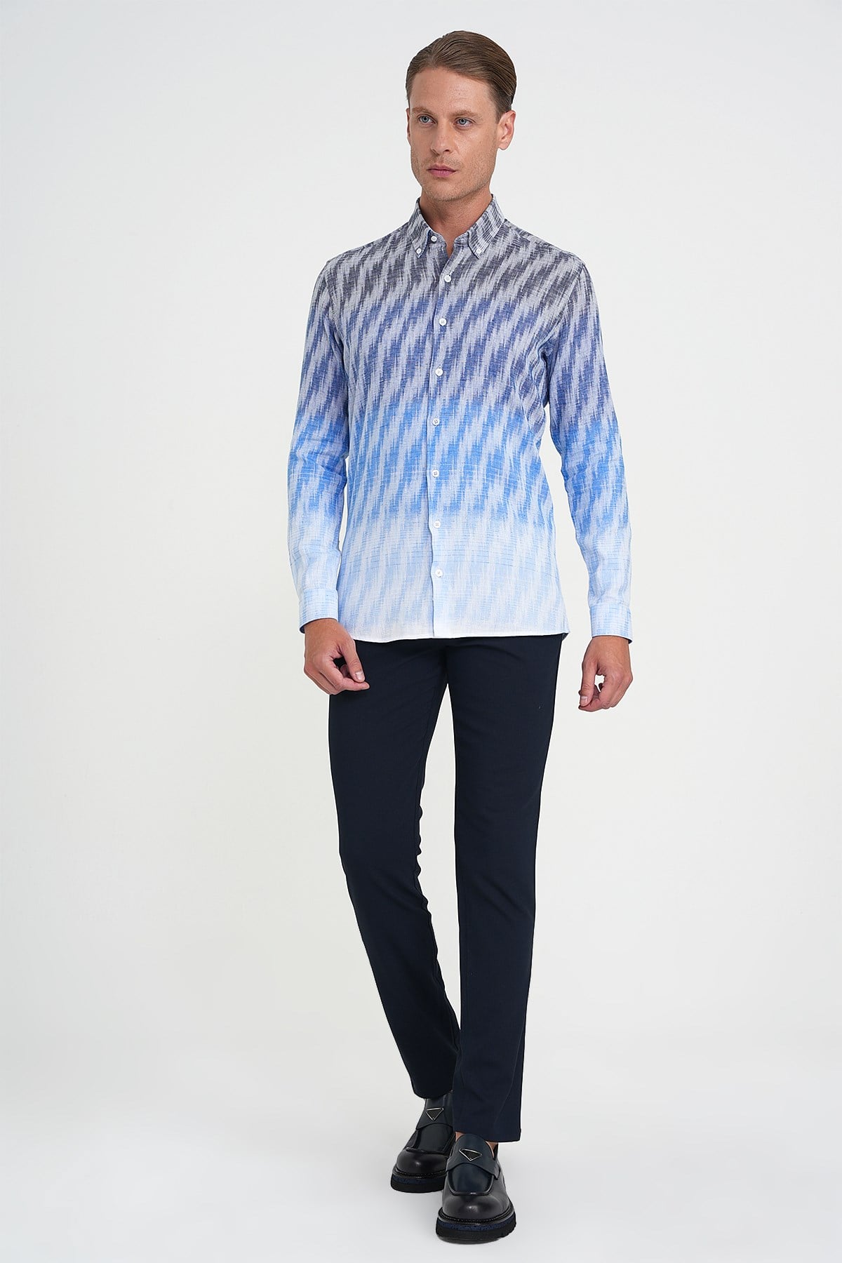 Comfort Fit Pano Desen Düğme Yaka %100 Keten Mavi Gömlek G 1594