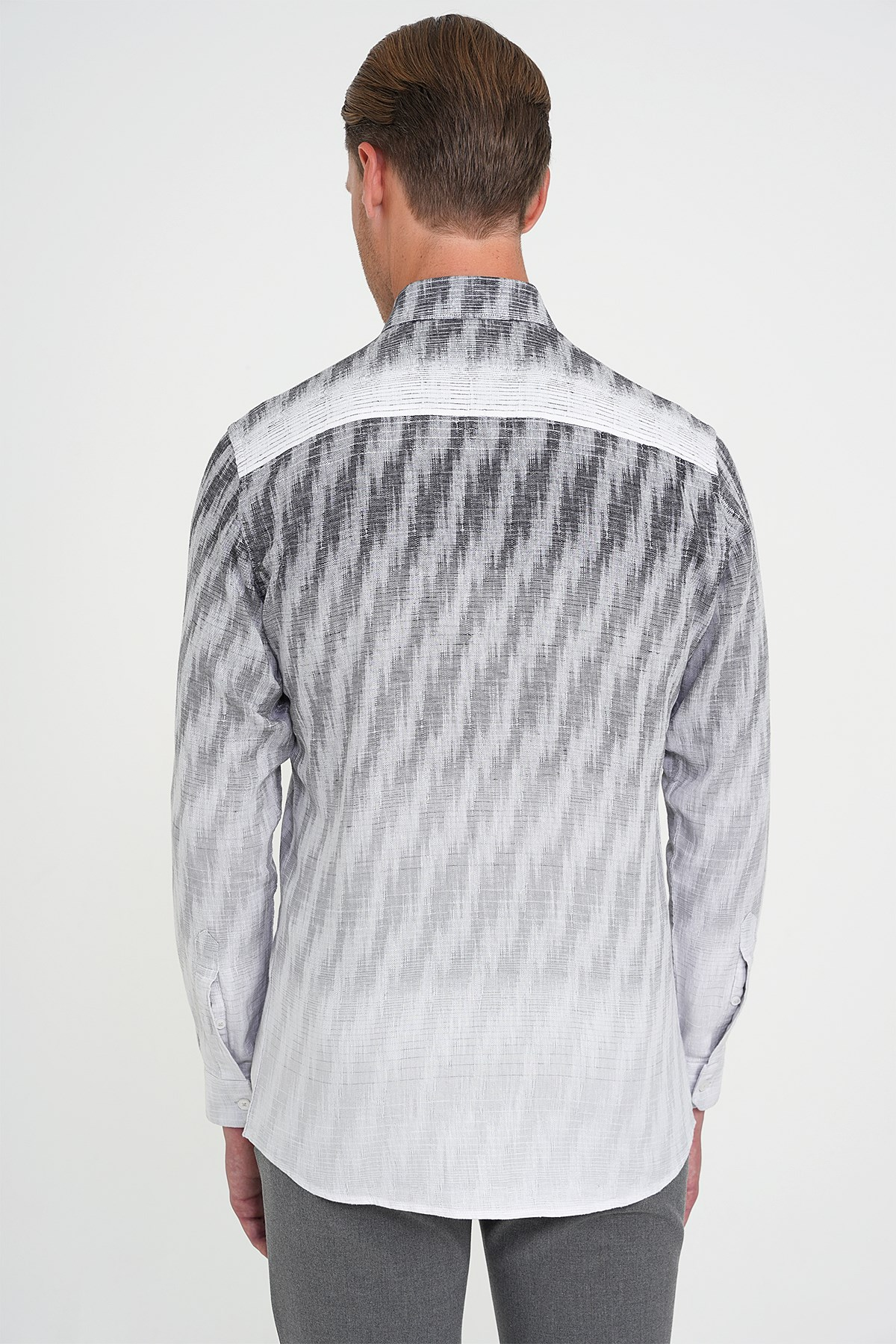 Comfort Fit Pano Desen Düğme Yaka %100 Keten Gri Gömlek G 1594