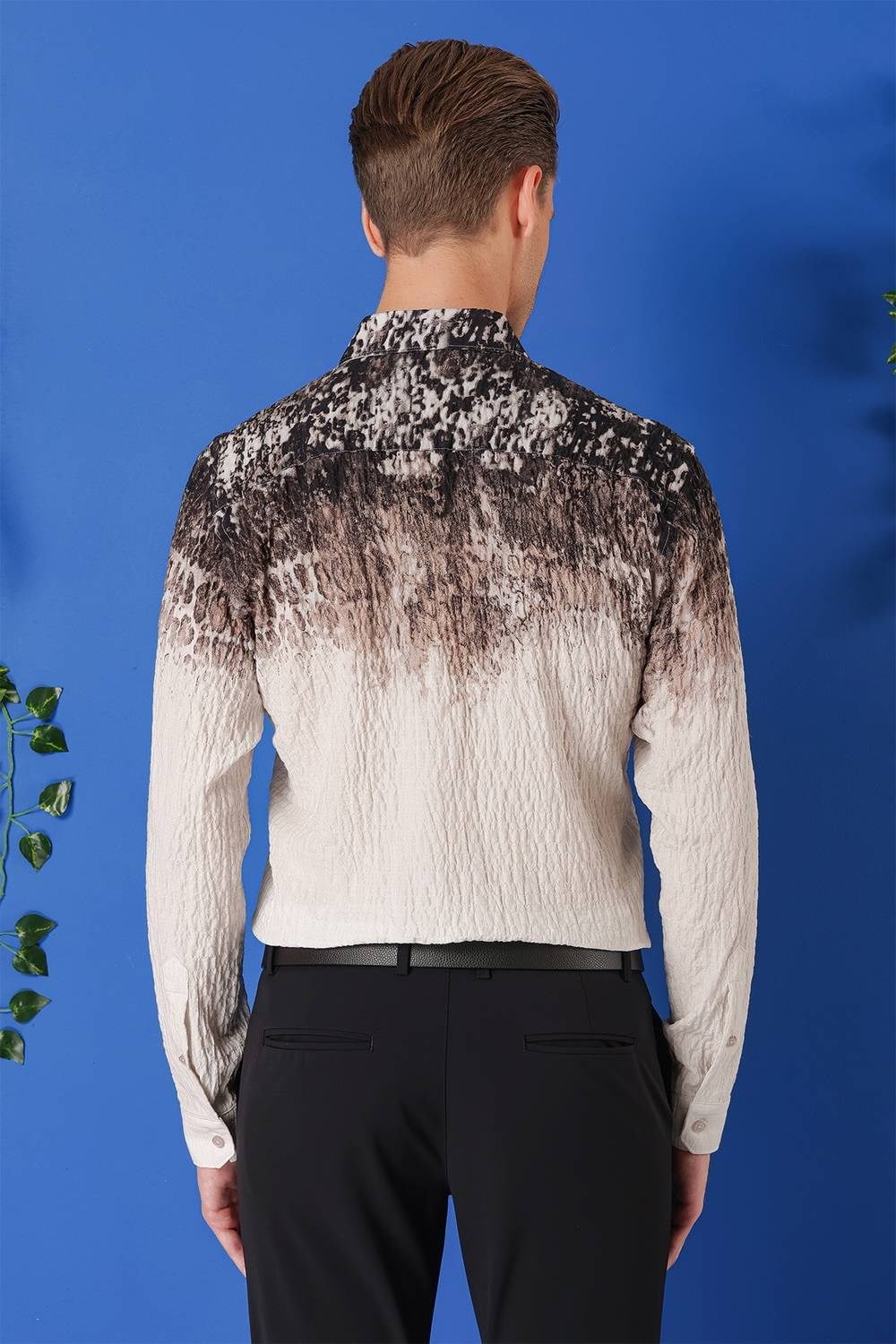 Comfort Fit Pano Desen Kırışık Dokulu %100 Pamuk Açık Kahve Gömlek G 1570
