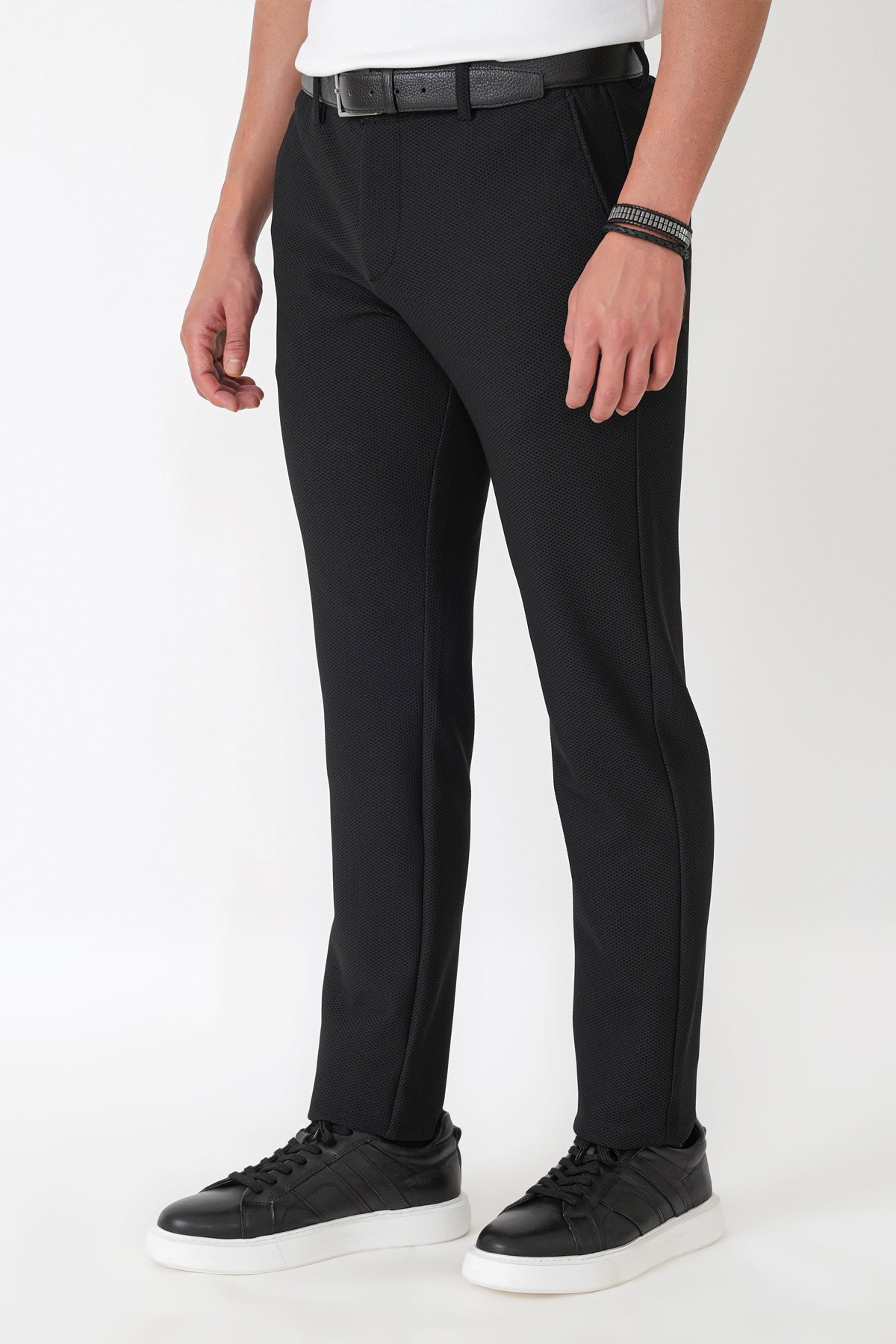 Comfort Fit Petek Dokuma Esnek Pamuklu Siyah Pantolon P 1230