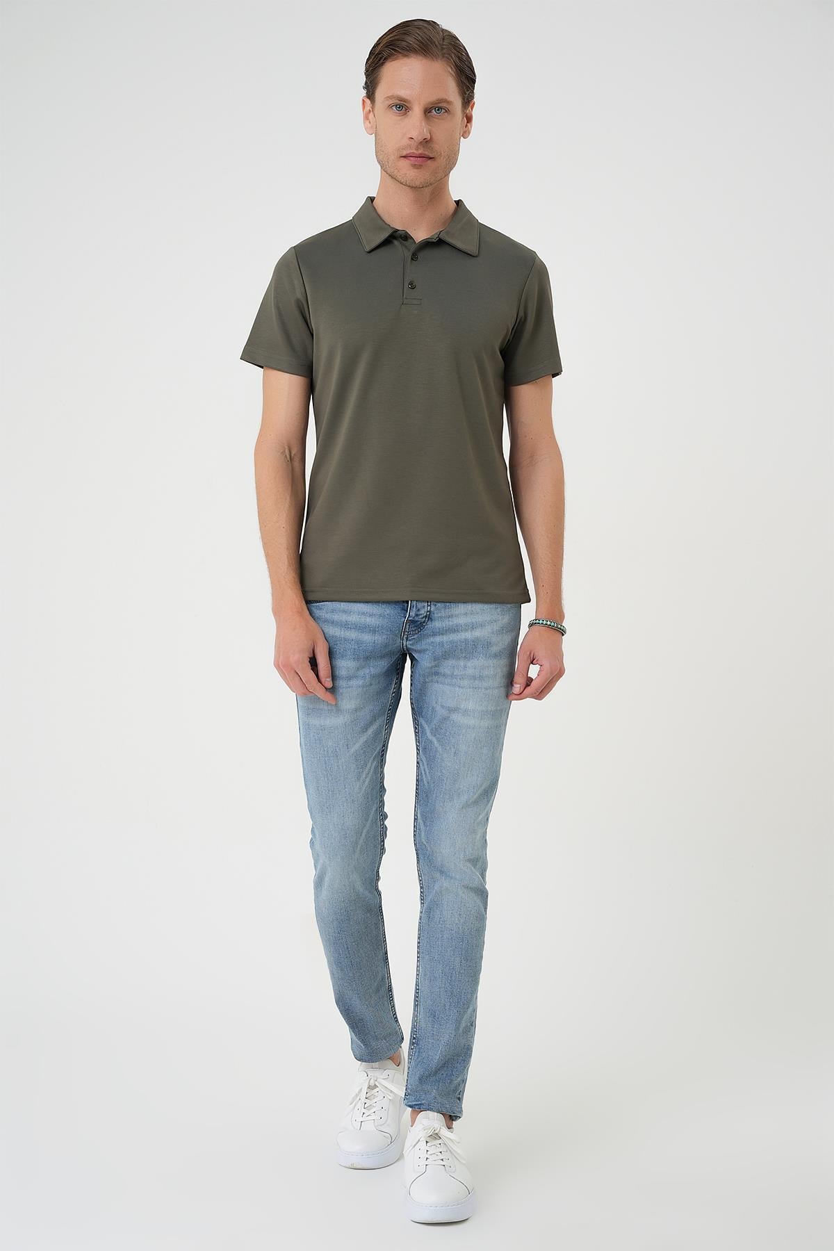 Comfort Fit Polo Yaka Esnek Pamuk Casual Haki Tişört Ts 886