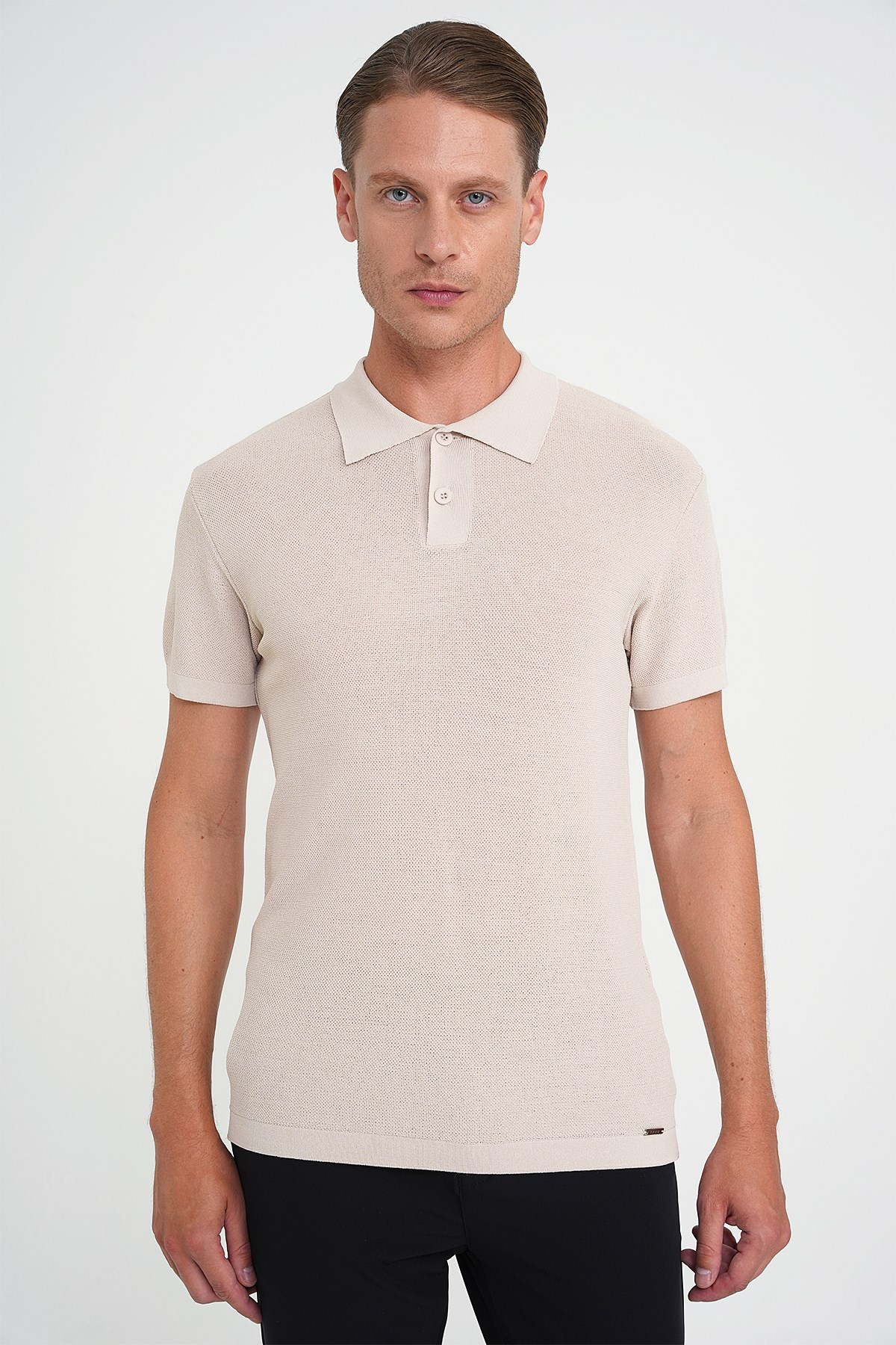 Comfort Fit Polo Yaka Kısa Kollu Bej Triko Tr 883