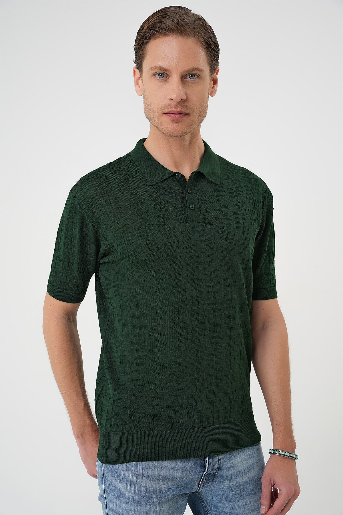 Comfort Fit Polo Yaka Pamuklu Kısa Kol Casual Yeşil Triko Tişört Tr 880
