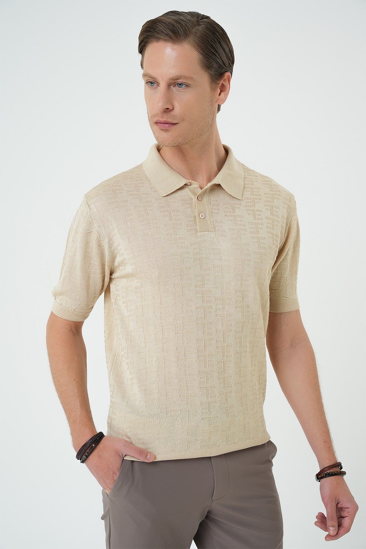 Comfort Fit Polo Yaka Pamuklu Kısa Kol Casual Bej Triko Tişört Tr 880