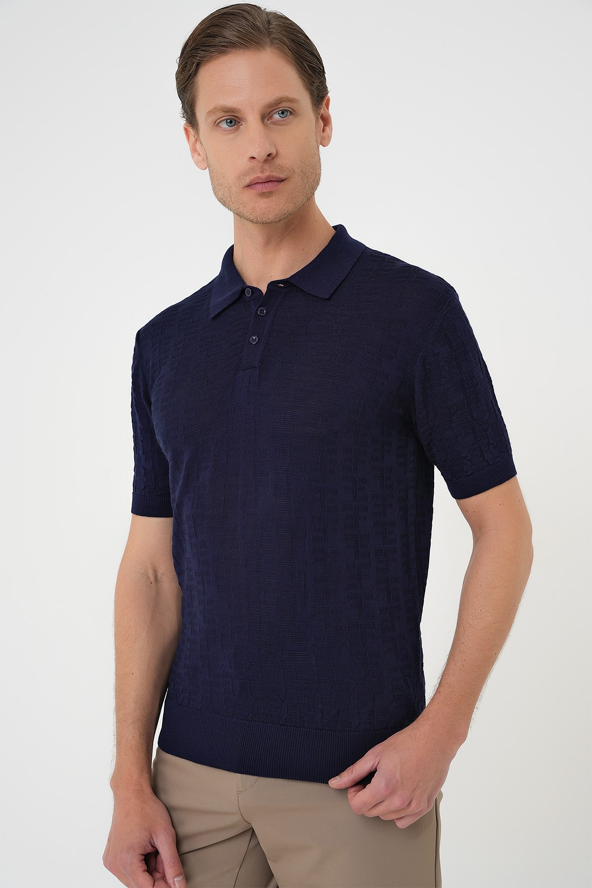 Comfort Fit Polo Yaka Pamuklu Kısa Kol Casual Lacivert Triko Tişört Tr 880
