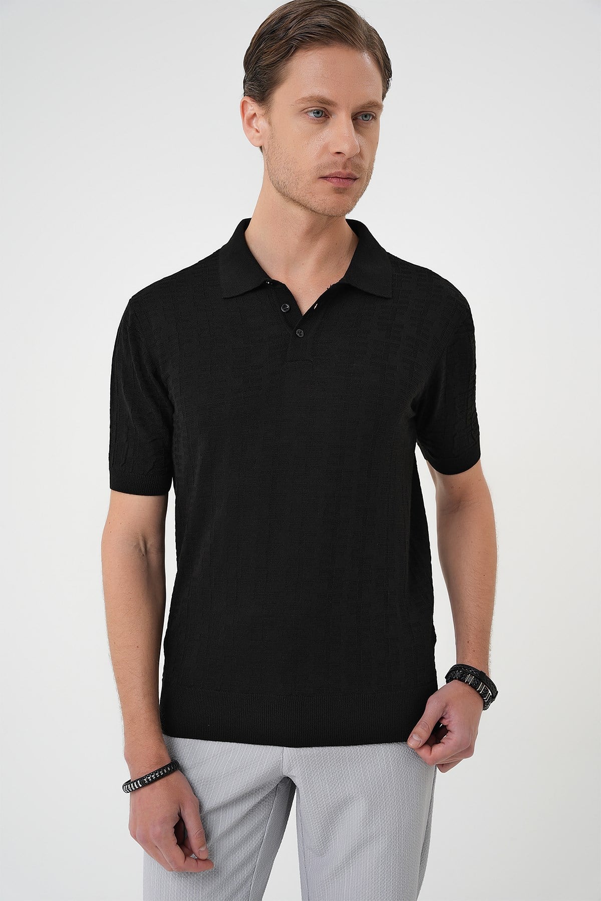 Comfort Fit Polo Yaka Pamuklu Kısa Kol Casual Siyah Triko Tişört Tr 880