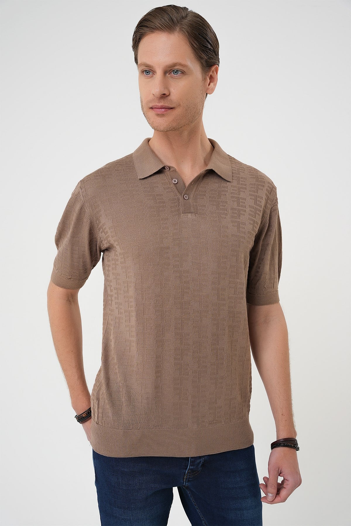 Comfort Fit Polo Yaka Pamuklu Kısa Kol Casual Vizon Triko Tişört Tr 880