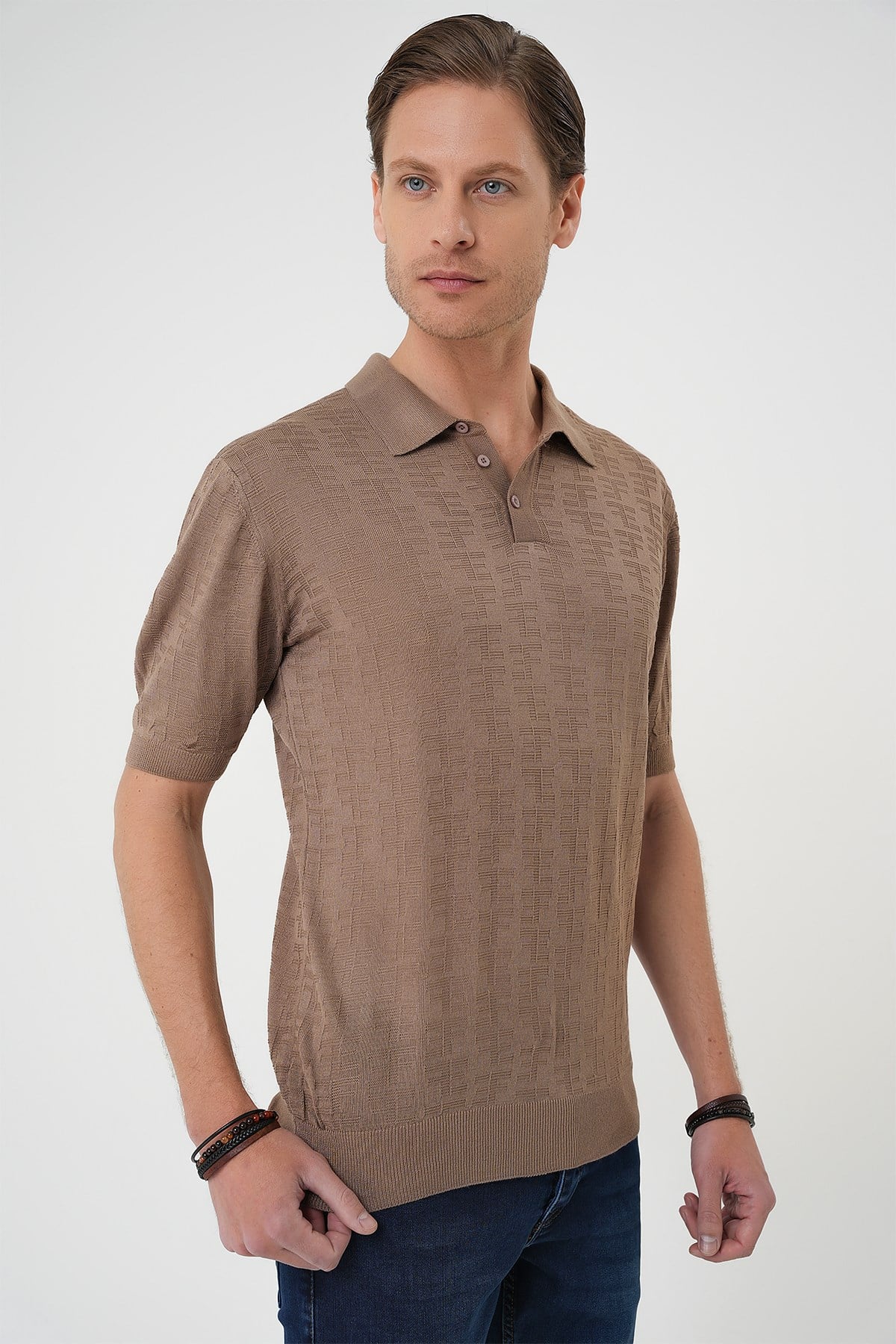 Comfort Fit Polo Yaka Pamuklu Kısa Kol Casual Vizon Triko Tişört Tr 880