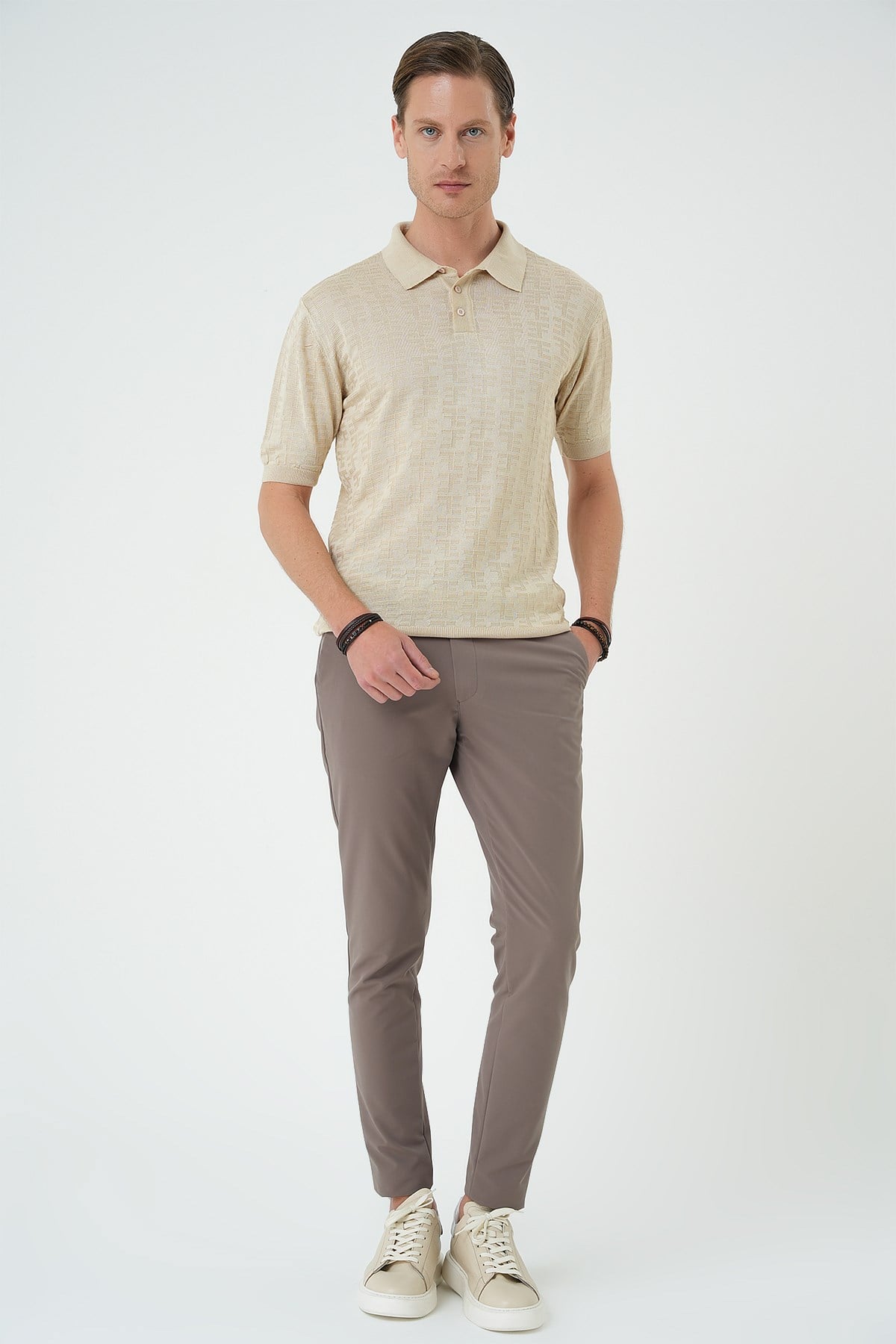 Comfort Fit Polo Yaka Pamuklu Kısa Kol Casual Bej Triko Tişört Tr 880