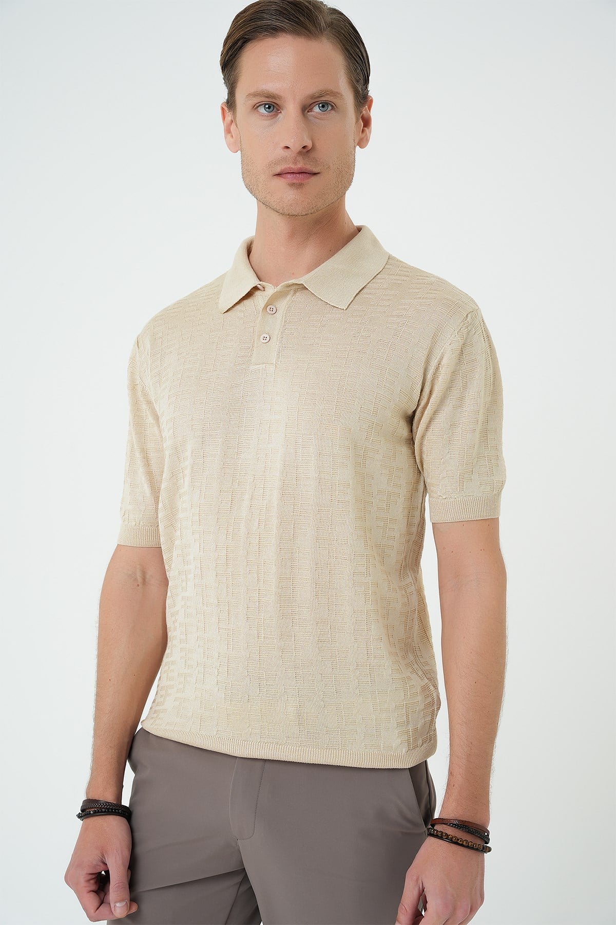 Comfort Fit Polo Yaka Pamuklu Kısa Kol Casual Bej Triko Tişört Tr 880