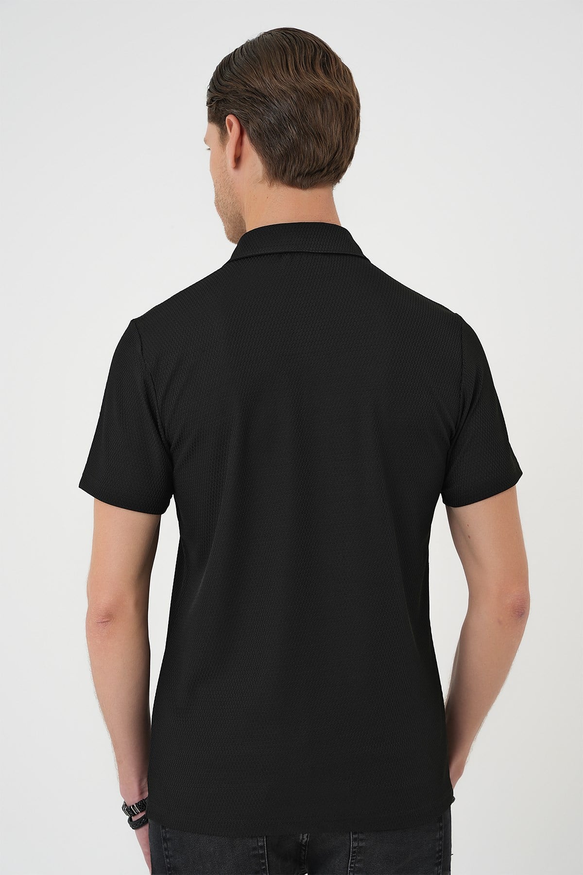 Comfort Fit Polo Yaka Viskon Karışımlı Armürlü Siyah Tişört TS 901