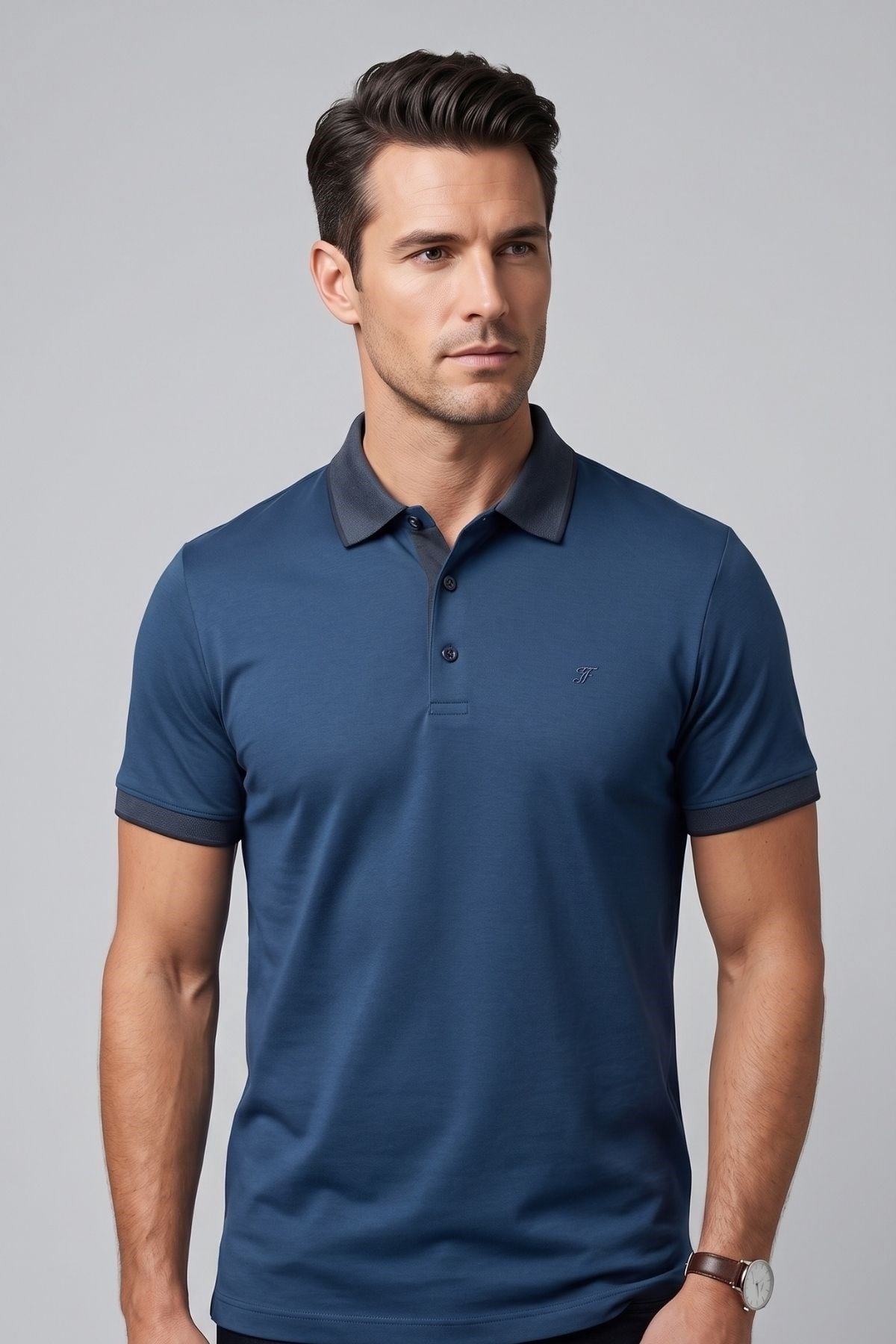 Comfort Fit Rahat Kalıp %100 Pamuk Kıvrılmaz Yaka İndigo Lacivert Polo Yaka Tişört TS 931