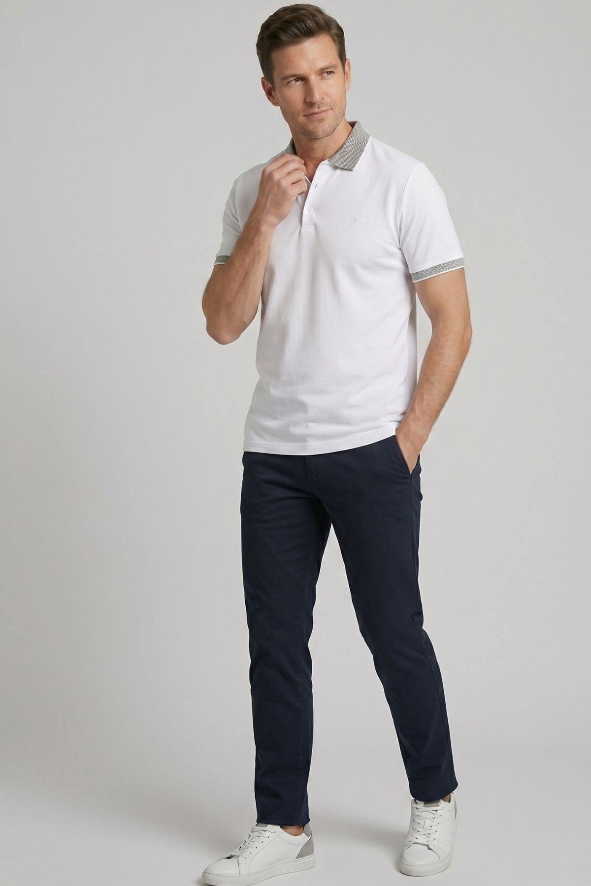 Comfort Fit Rahat Kalıp %100 Pamuk Kıvrılmaz Yaka Siyah-Beyaz Polo Yaka Tişört TS 931