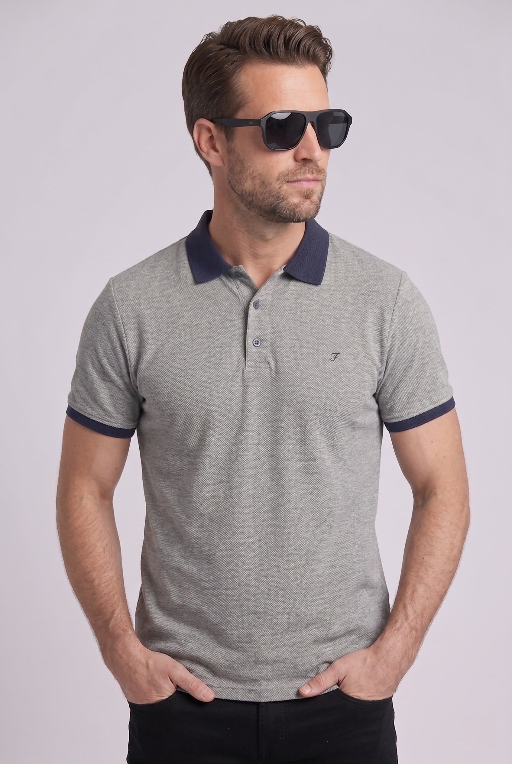 Comfort Fit Rahat Kalıp %100 Pamuk Kıvrılmaz Yaka Bej Lacivert Polo Yaka Tişört TS 931