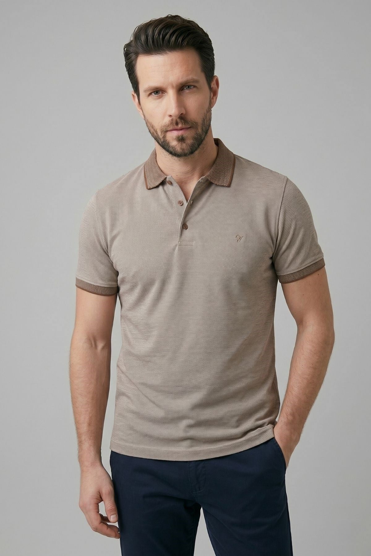 Comfort Fit Rahat Kalıp %100 Pamuk Kıvrılmaz Yaka Ekru-Vizon Polo Yaka Tişört TS 931
