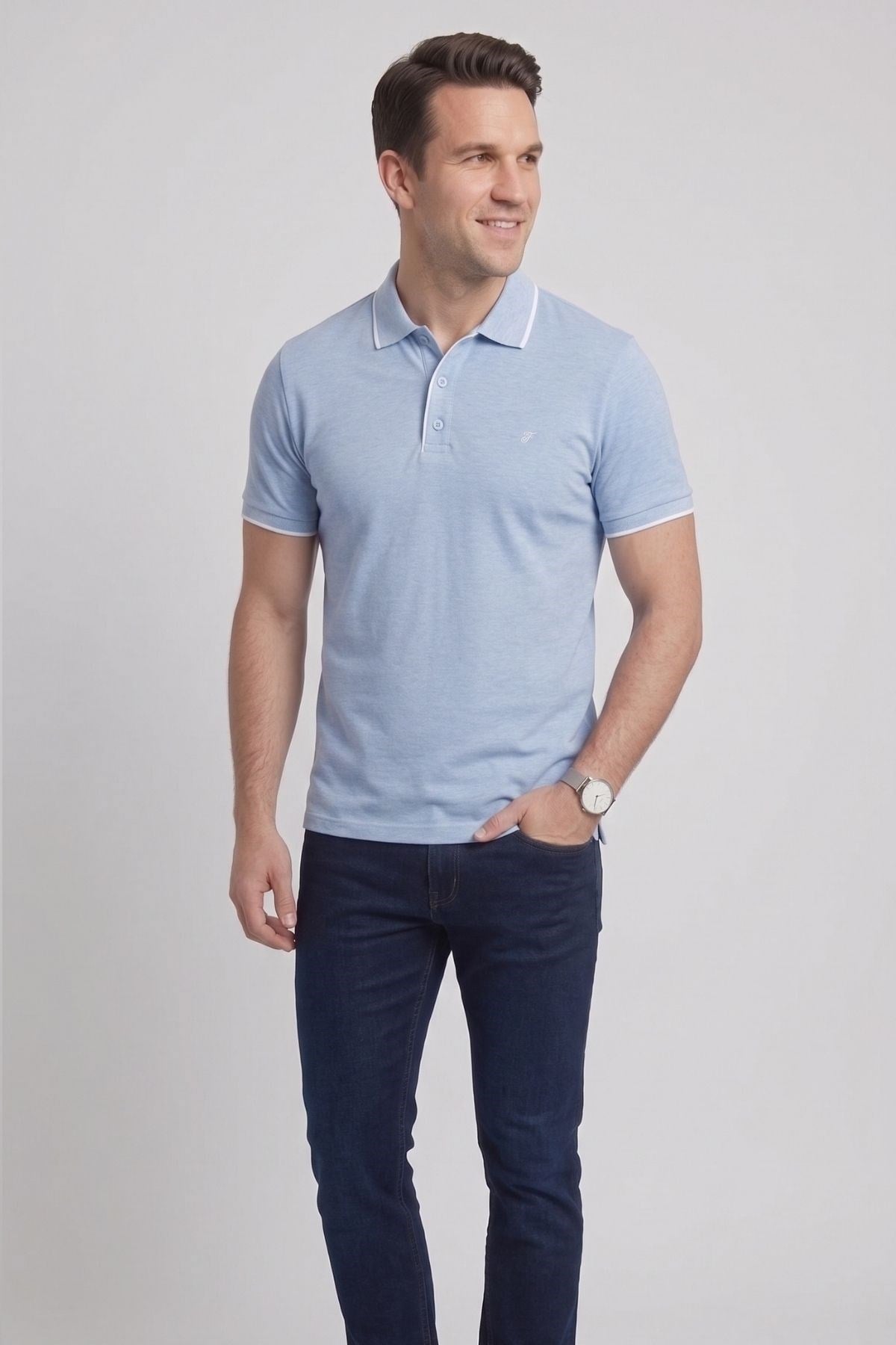 Comfort Fit Rahat Kalıp %100 Pamuk Kıvrılmaz Yaka Mavi Polo Yaka Tişört TS 931