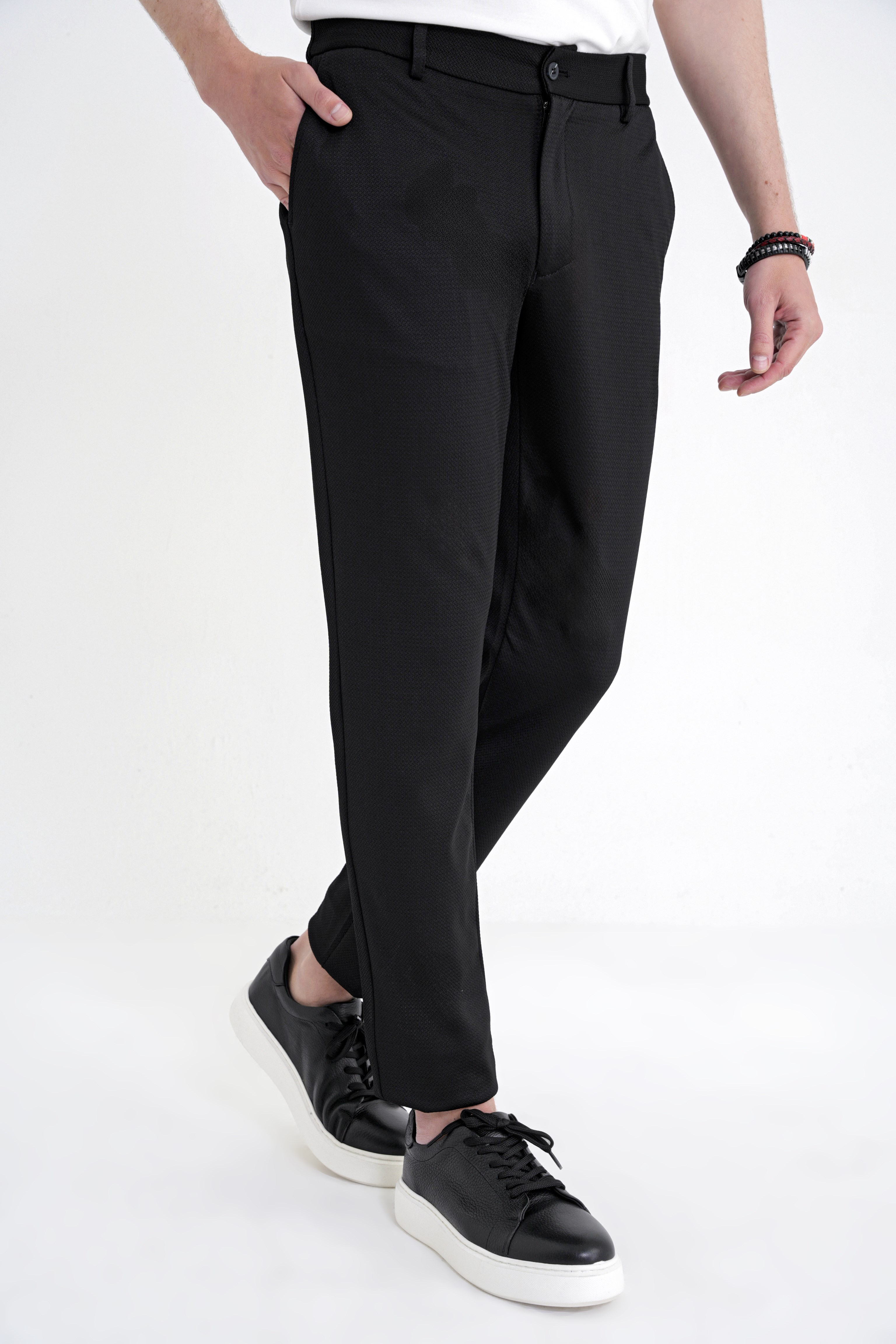 Comfort Fit Rahat Kalıp Beli Lastikli Armürlü Dokuma Esnek Pamuklu Siyah Jogger Pantolon P 1217