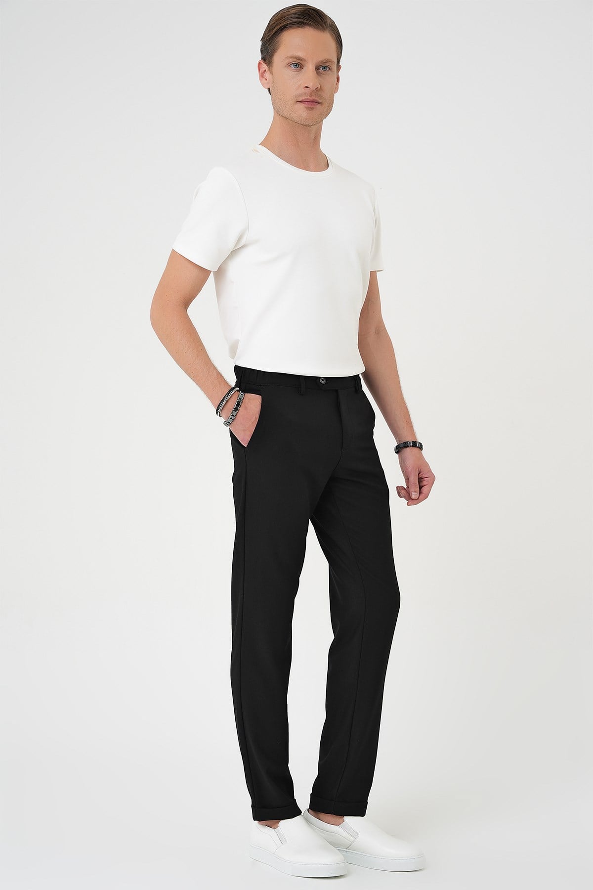 Comfort Fit Rahat Kalıp Beli Lastikli Dokulu Siyah Jogger Pantolon  P 1186