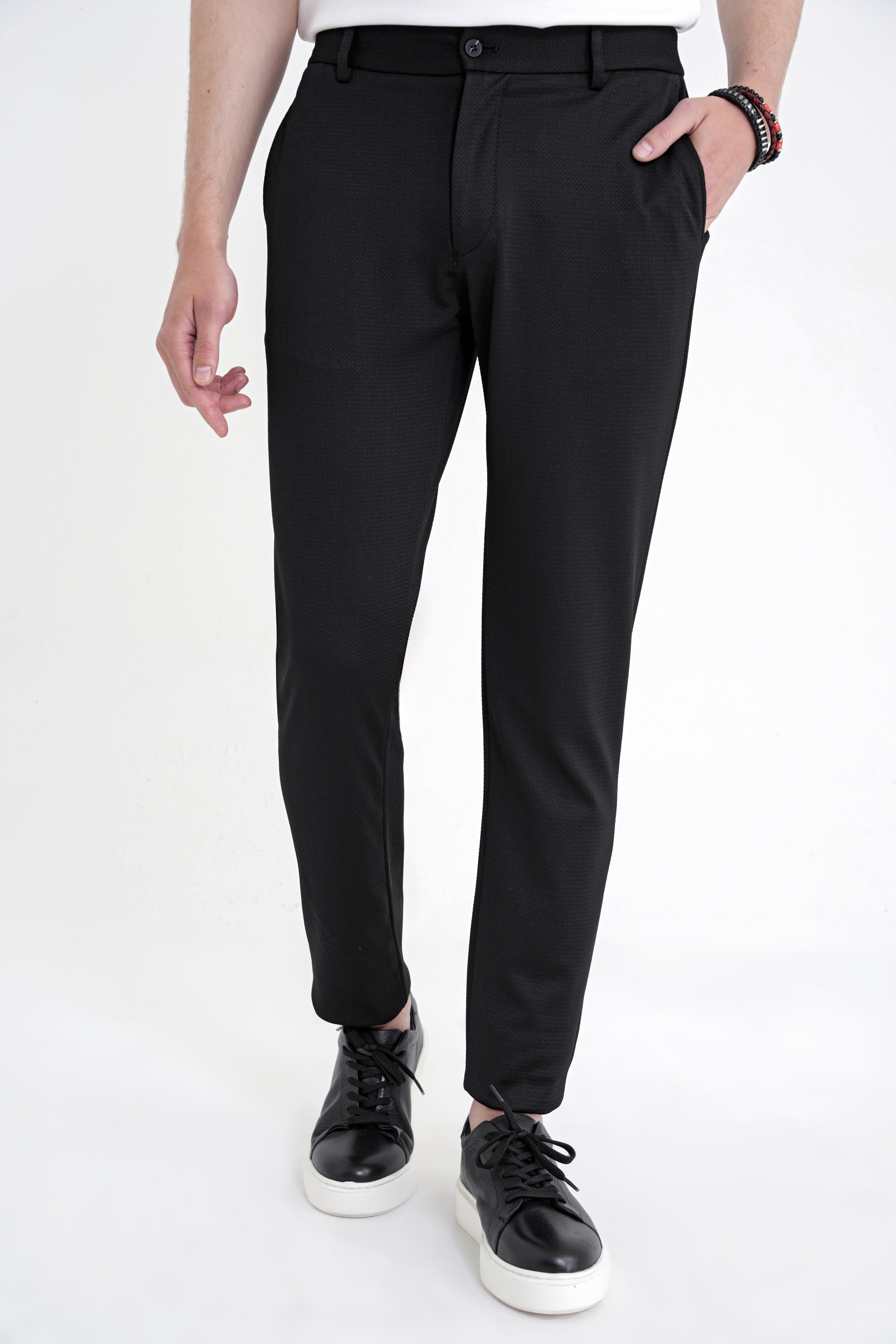 Comfort Fit Rahat Kalıp Beli Lastikli Armürlü Dokuma Esnek Pamuklu Siyah Jogger Pantolon P 1217