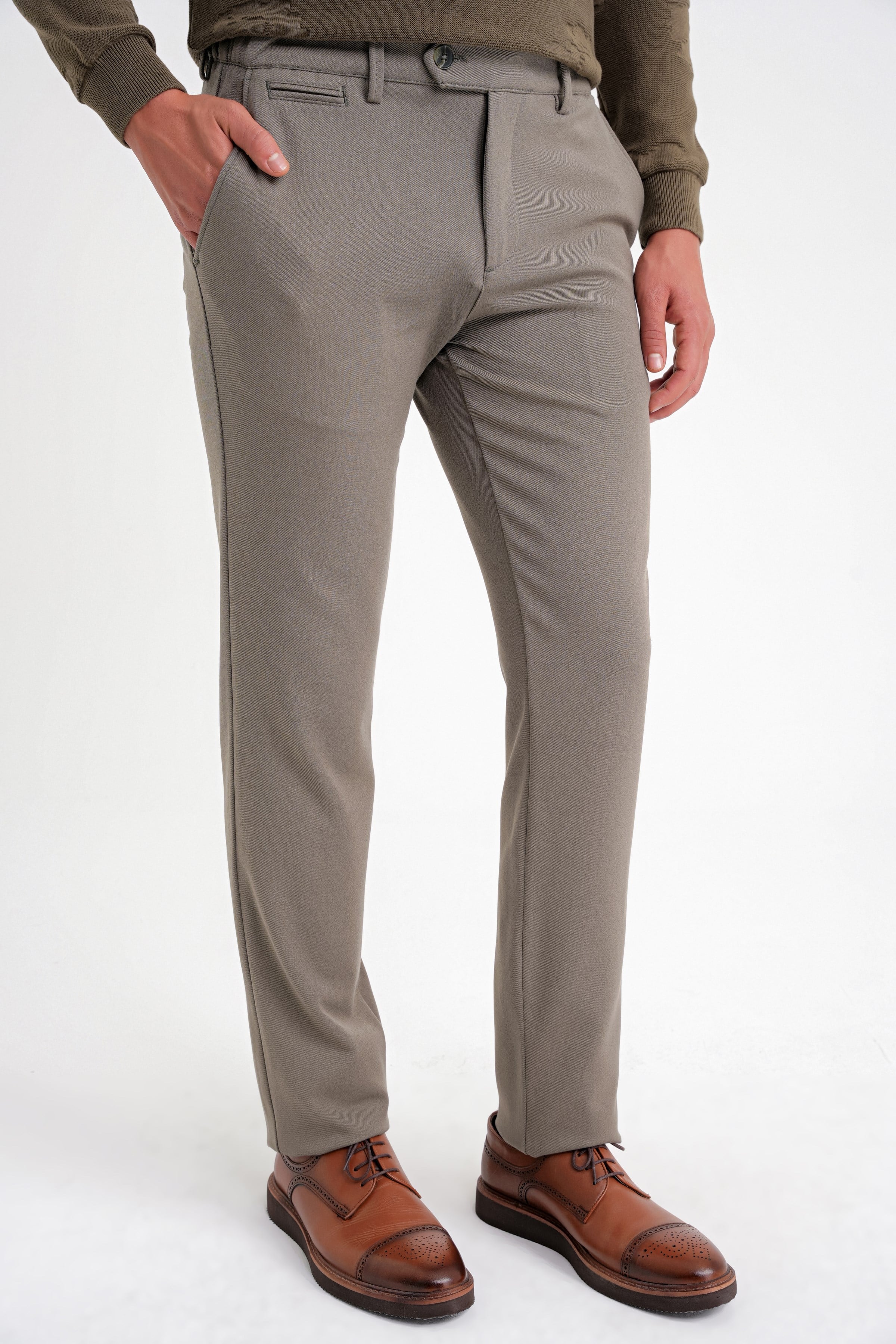 Comfort Fit Rahat Kalıp Beli Lastikli Esnek Pamuklu Düz Haki Pantolon P 1200