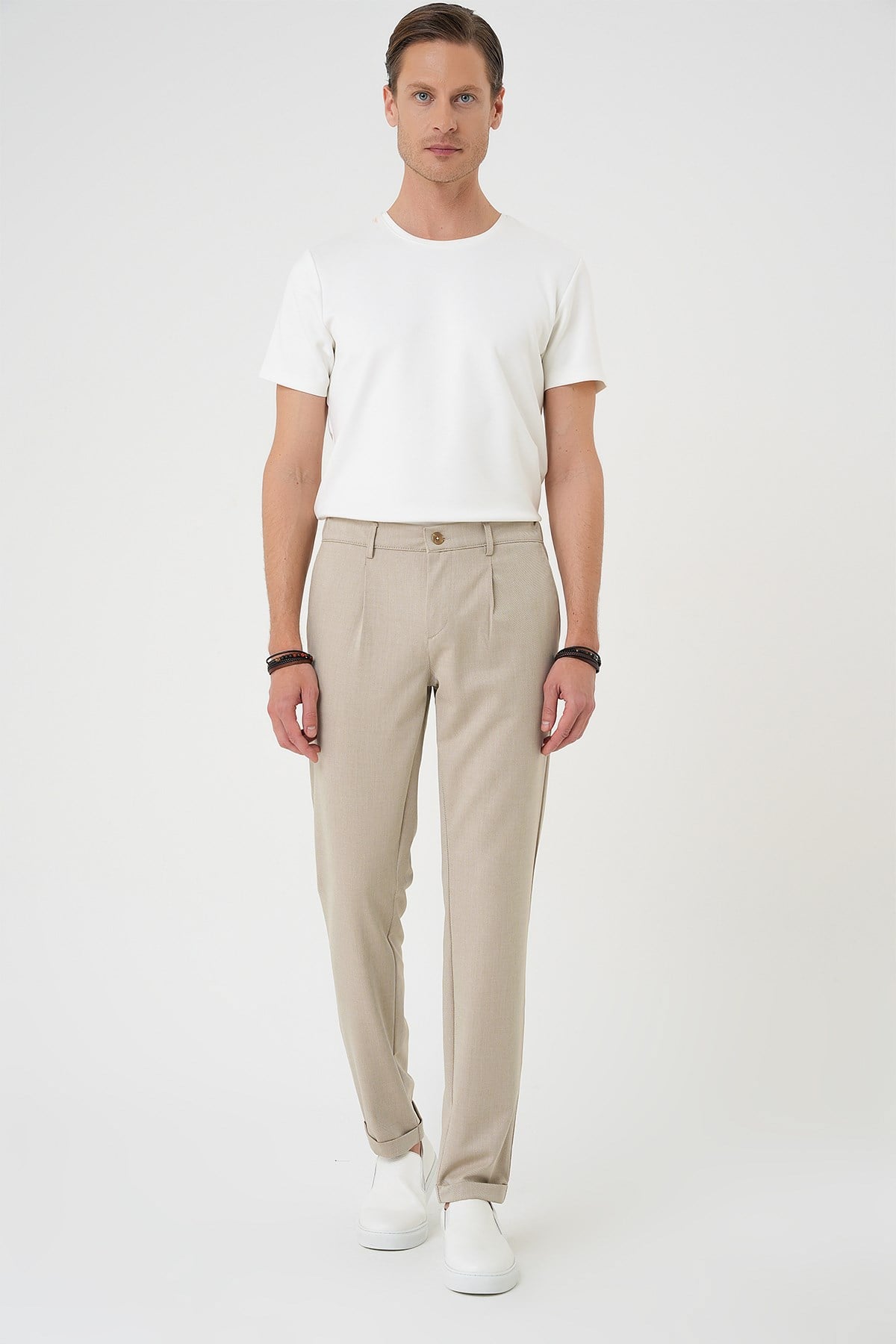 Comfort Fit Rahat Kalıp Beli Lastikli Pileli Bej Jogger Pantolon  P 1182
