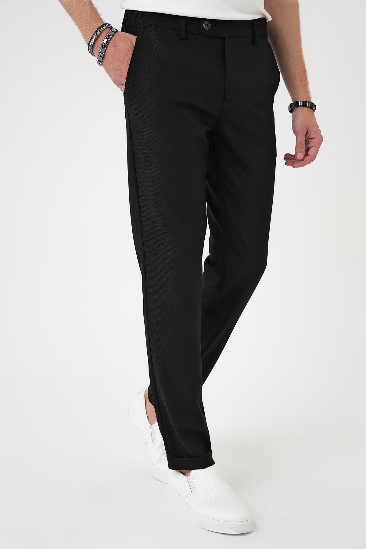 Comfort Fit Rahat Kalıp Beli Lastikli Dokulu Siyah Jogger Pantolon  P 1186