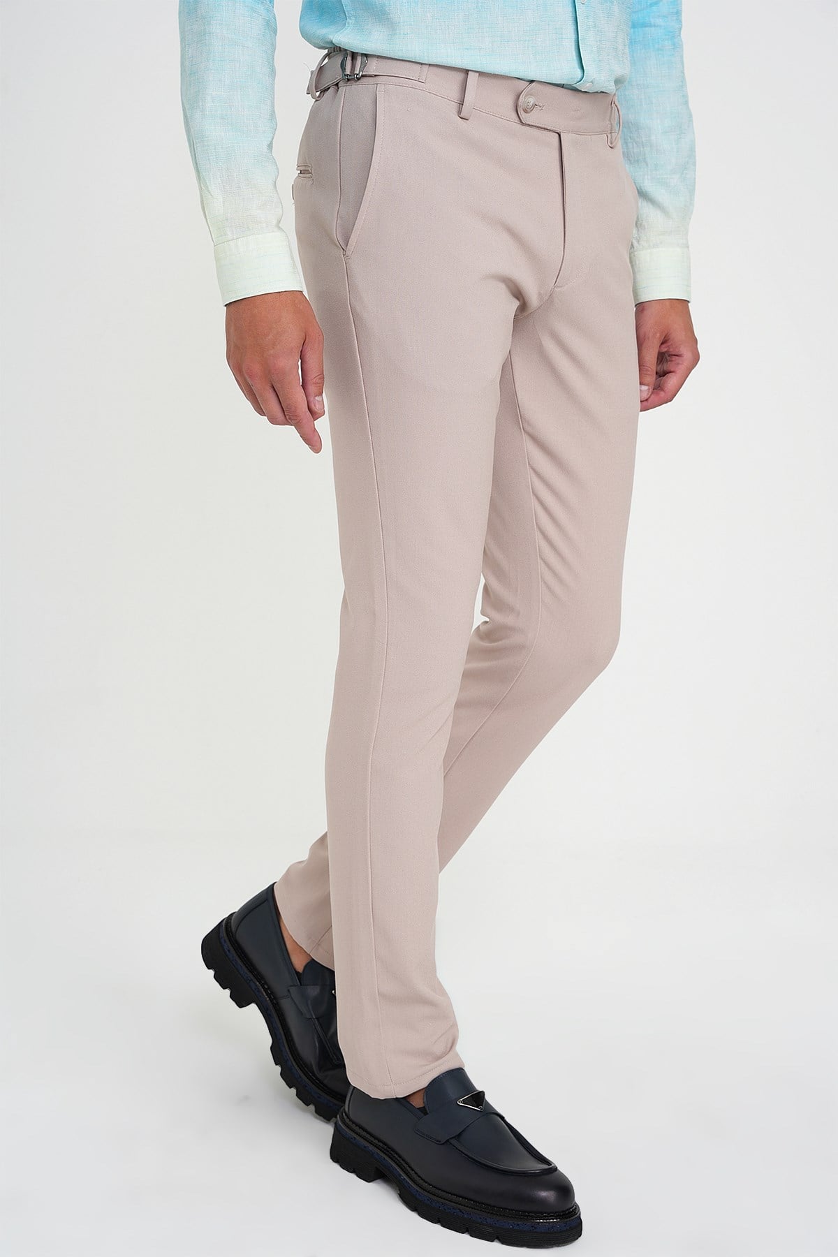 Comfort Fit Rahat Kalıp Beli Lastikli Yandan Tokalı Esnek Bej Jogger Pantolon P 1178