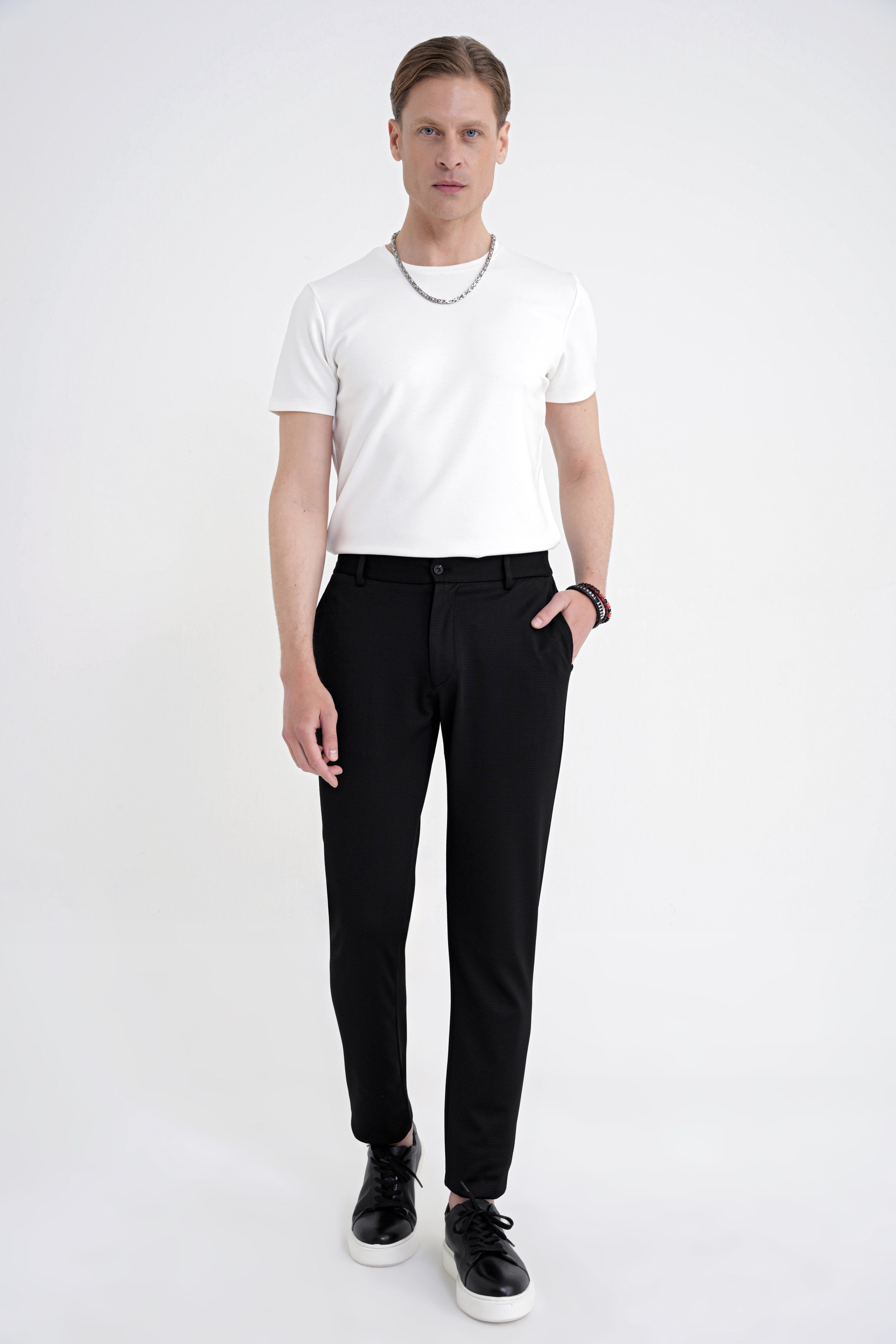 Comfort Fit Rahat Kalıp Beli Lastikli Armürlü Dokuma Esnek Pamuklu Siyah Jogger Pantolon P 1217