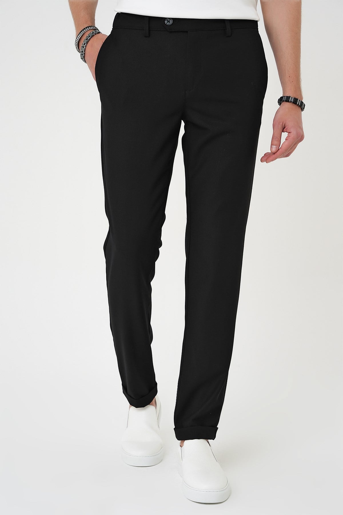 Comfort Fit Rahat Kalıp Beli Lastikli Dokulu Siyah Jogger Pantolon  P 1186