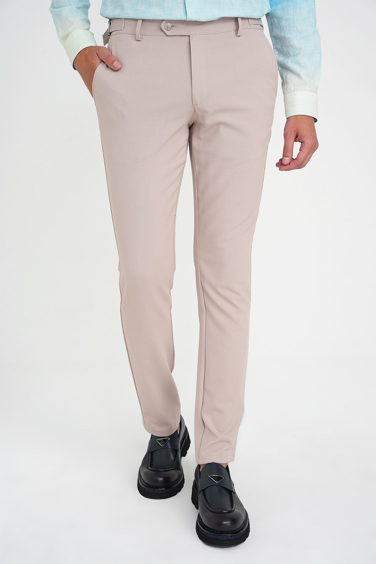 Comfort Fit Rahat Kalıp Beli Lastikli Yandan Tokalı Esnek Bej Jogger Pantolon P 1178